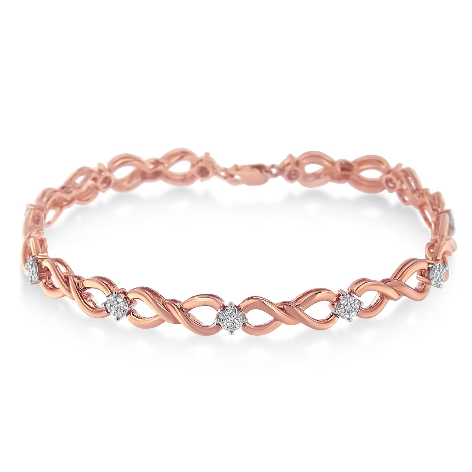 Give a charming appeal to your look by wearing this gorgeous tennis bracelet. Fashioned out of pure rose gold, the bracelet features intertwining ribbons, puncuated with sparkling diamond clusters that are adorned with shimmering round cut diamonds.