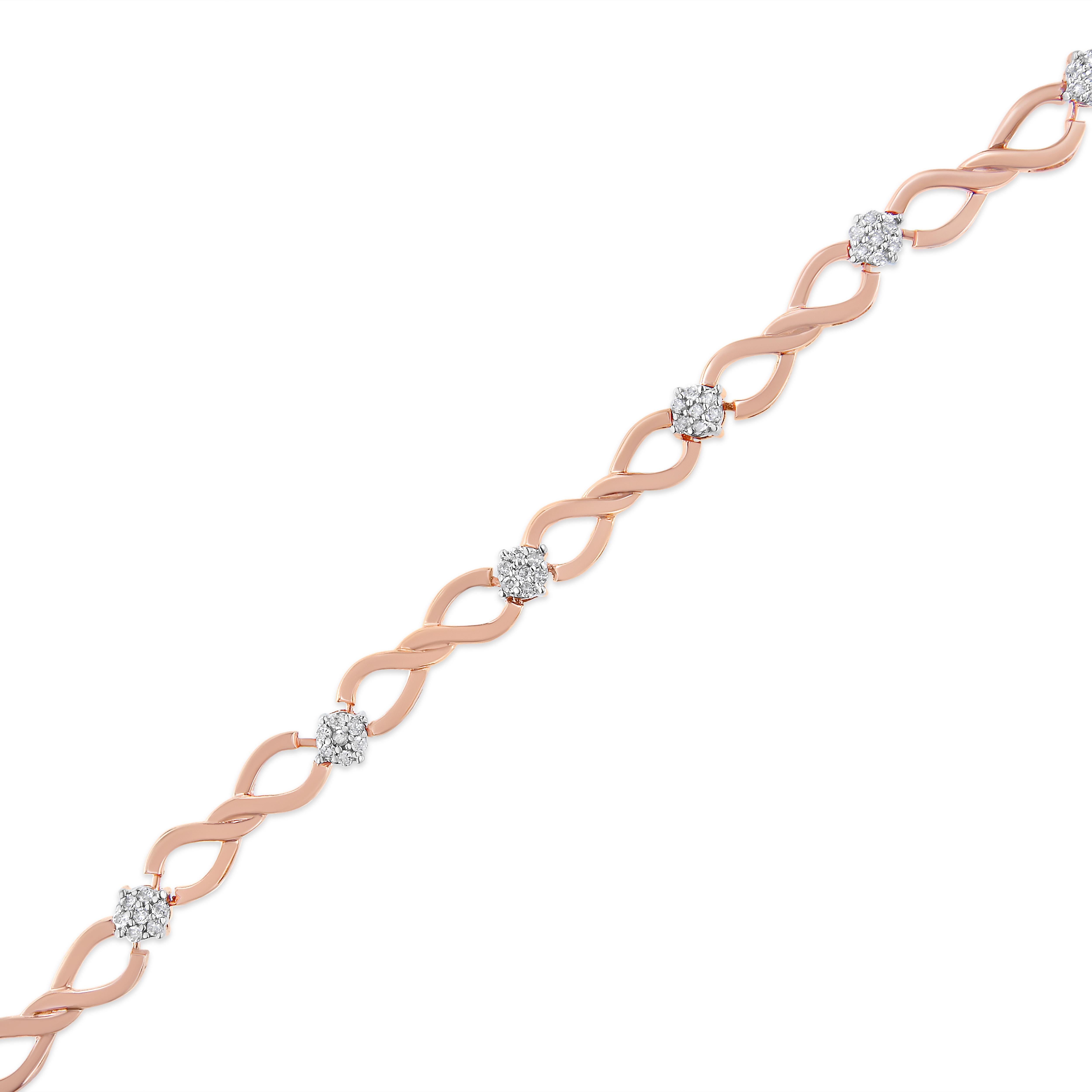 Modern 10K Rose Gold 1/2 cttw Diamond Cluster and Infinity Weave Link Bracelet For Sale