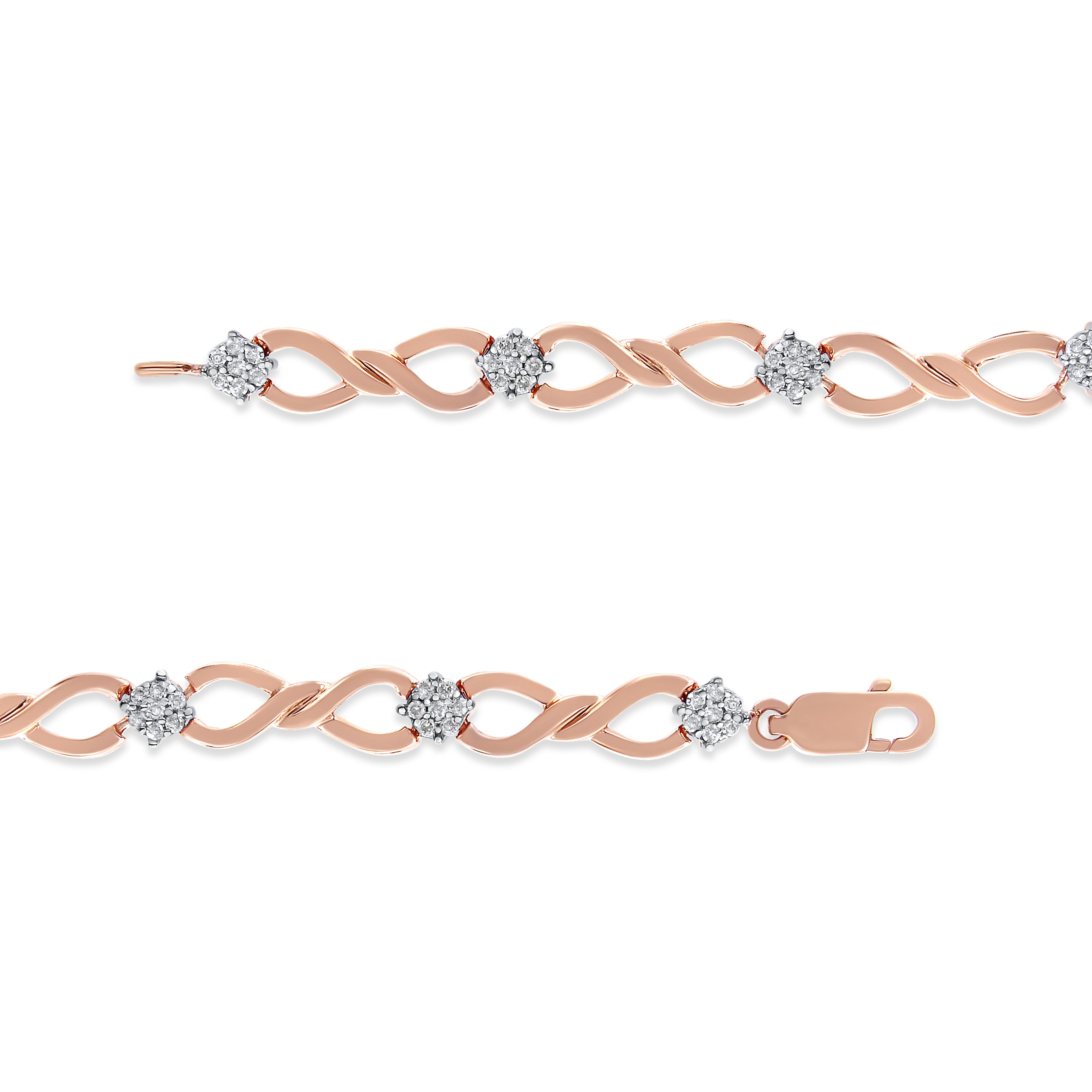 Round Cut 10K Rose Gold 1/2 cttw Diamond Cluster and Infinity Weave Link Bracelet For Sale