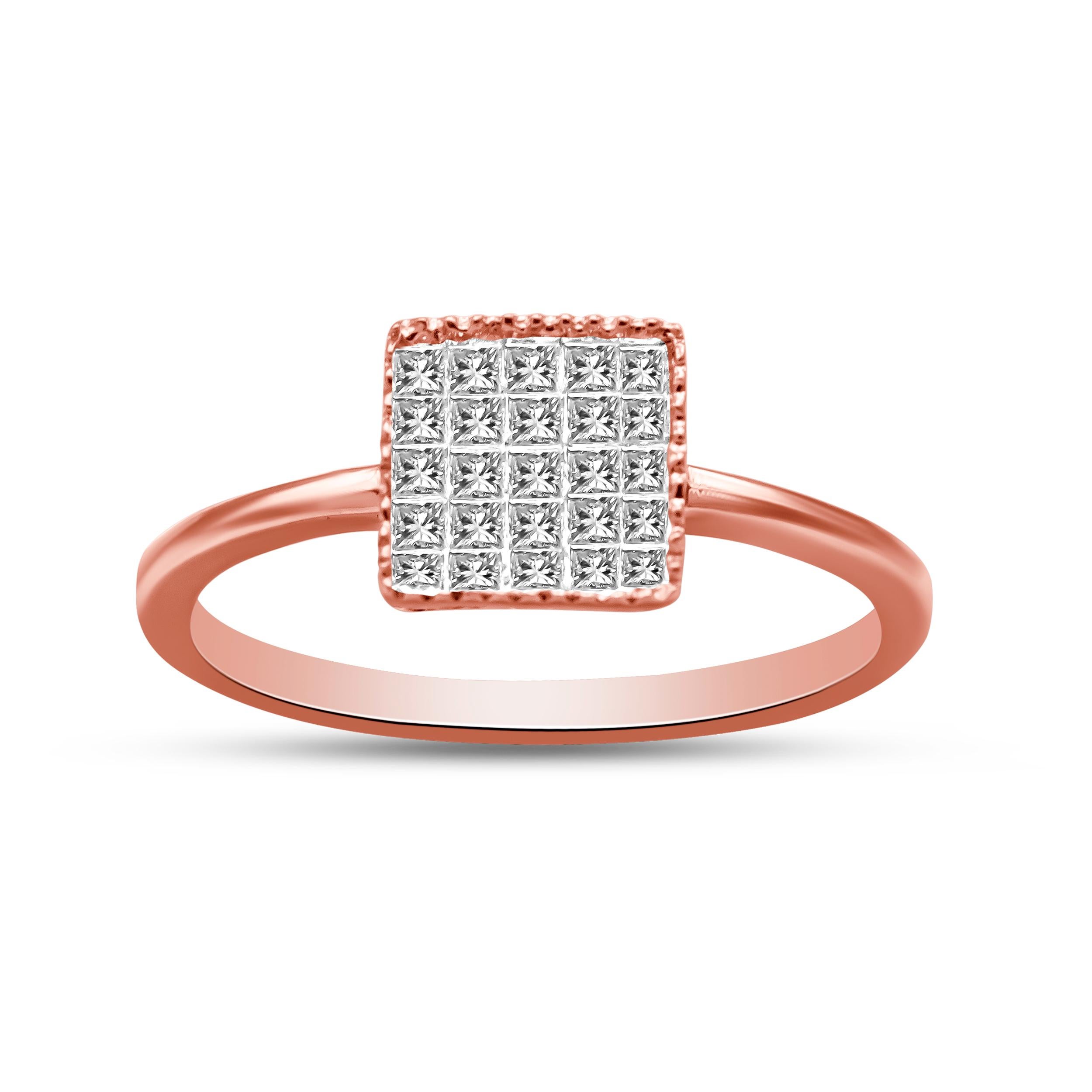 Add shimmer to any look with this eye-catching diamond ring. Fashioned in rich 10K rose gold, this striking style showcases a square-shaped composite of petite princess-cut diamonds. The diamonds are invisibly set to minimize metal and maximize