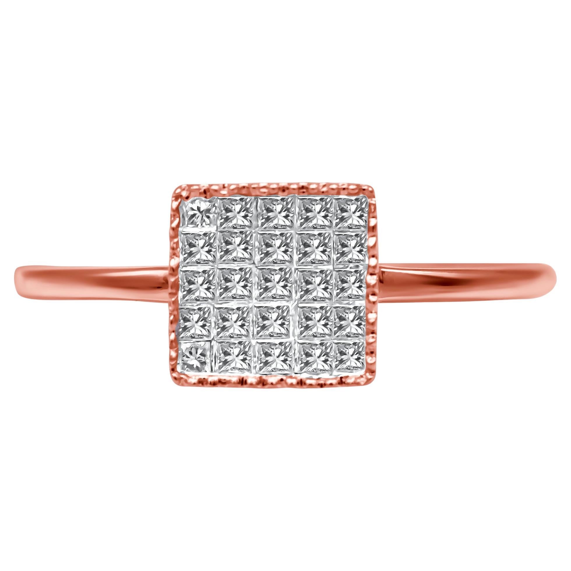 10K Rose Gold 1/3 Carat Princess Cut Diamond Composite Square Shape Ring For Sale