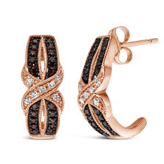 10K Rose Gold 1/3ct White and Brown Diamond Milgrain Criss Cross J-Hoop Earring