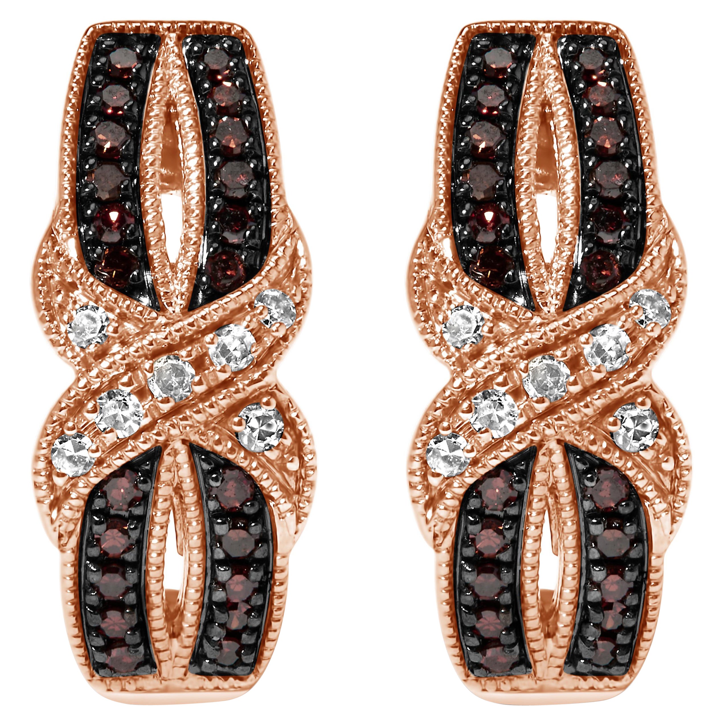 Pendiente de aro en forma de J en oro rosa de 10 quilates con diamantes blancos y marrones de 1/3 ct en venta