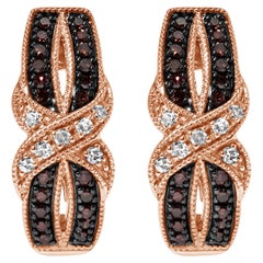 10K Rose Gold 1/3ct White and Brown Diamond Milgrain Criss Cross J-Hoop Earring