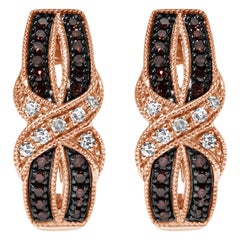 10K Rose Gold 1/3ct White and Brown Diamond Milgrain Criss Cross J-Hoop Earring