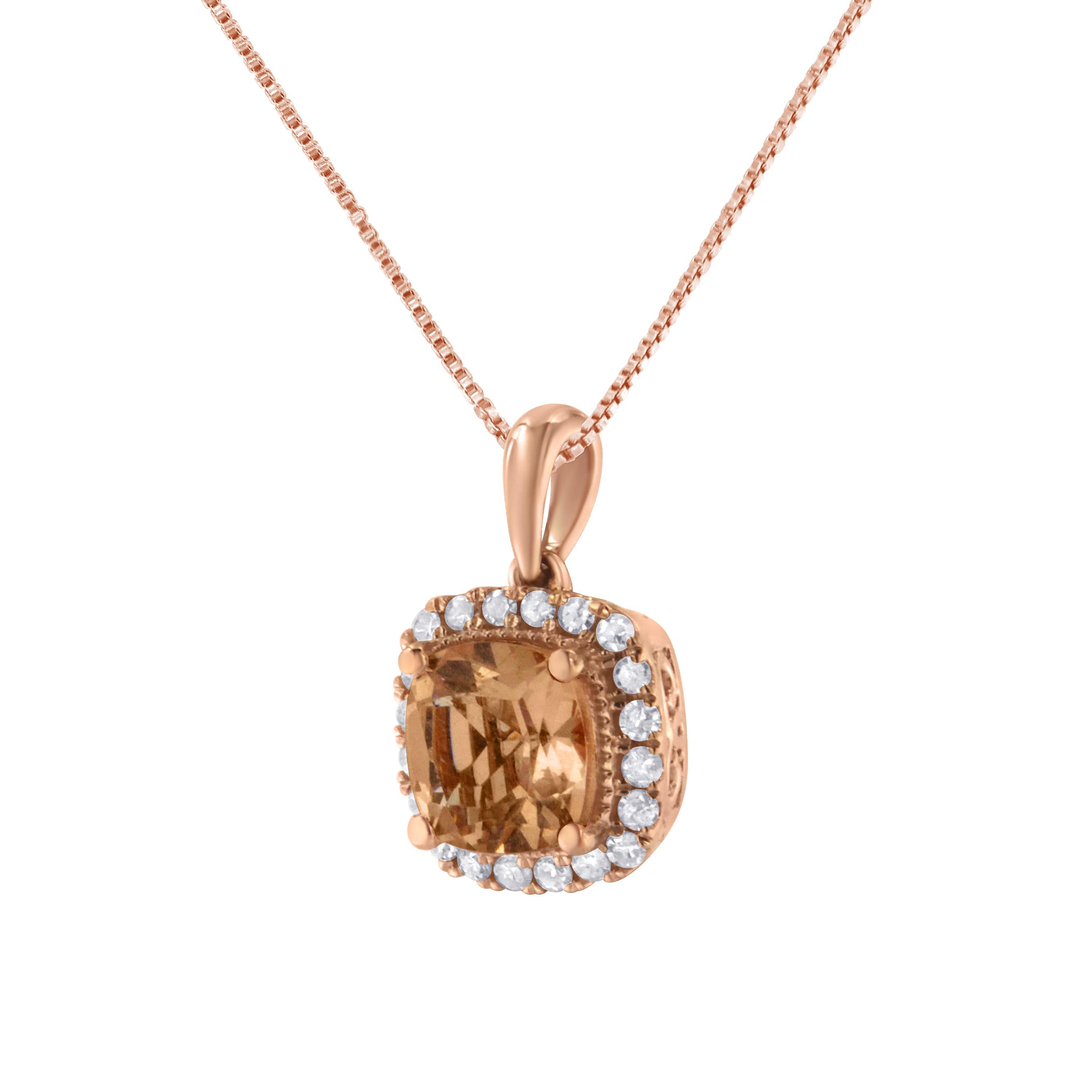 Round Cut 10K Rose Gold 1/4 Carat Diamond and Peach Morganite Gemstone Square Pendant For Sale