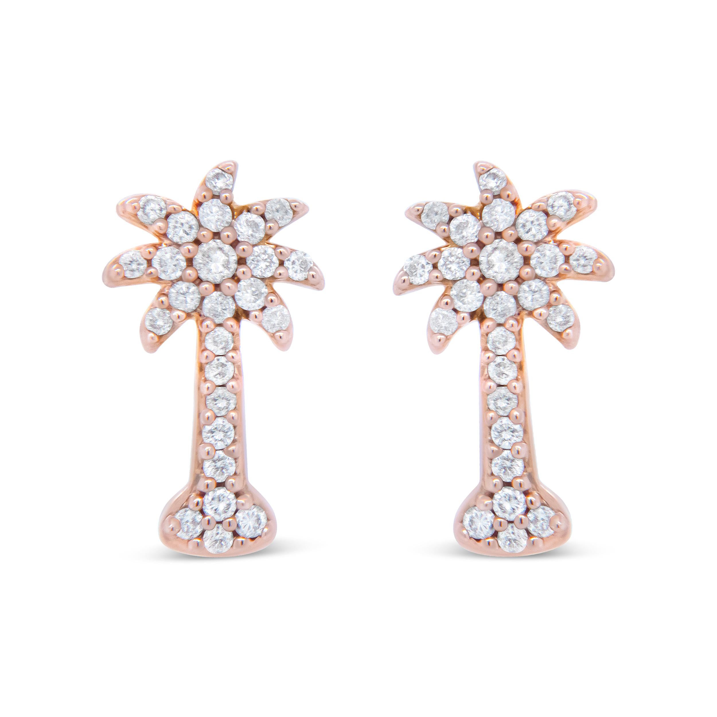 Remind her of the beach with these sparkling and tropical diamond palm tree stud earrings. Crafted in from warm 10k rose gold, each shimmering earring features a gleaming trunk and dazzling shady fronds. Radiant with 1/4ct. t.w. of diamonds and a