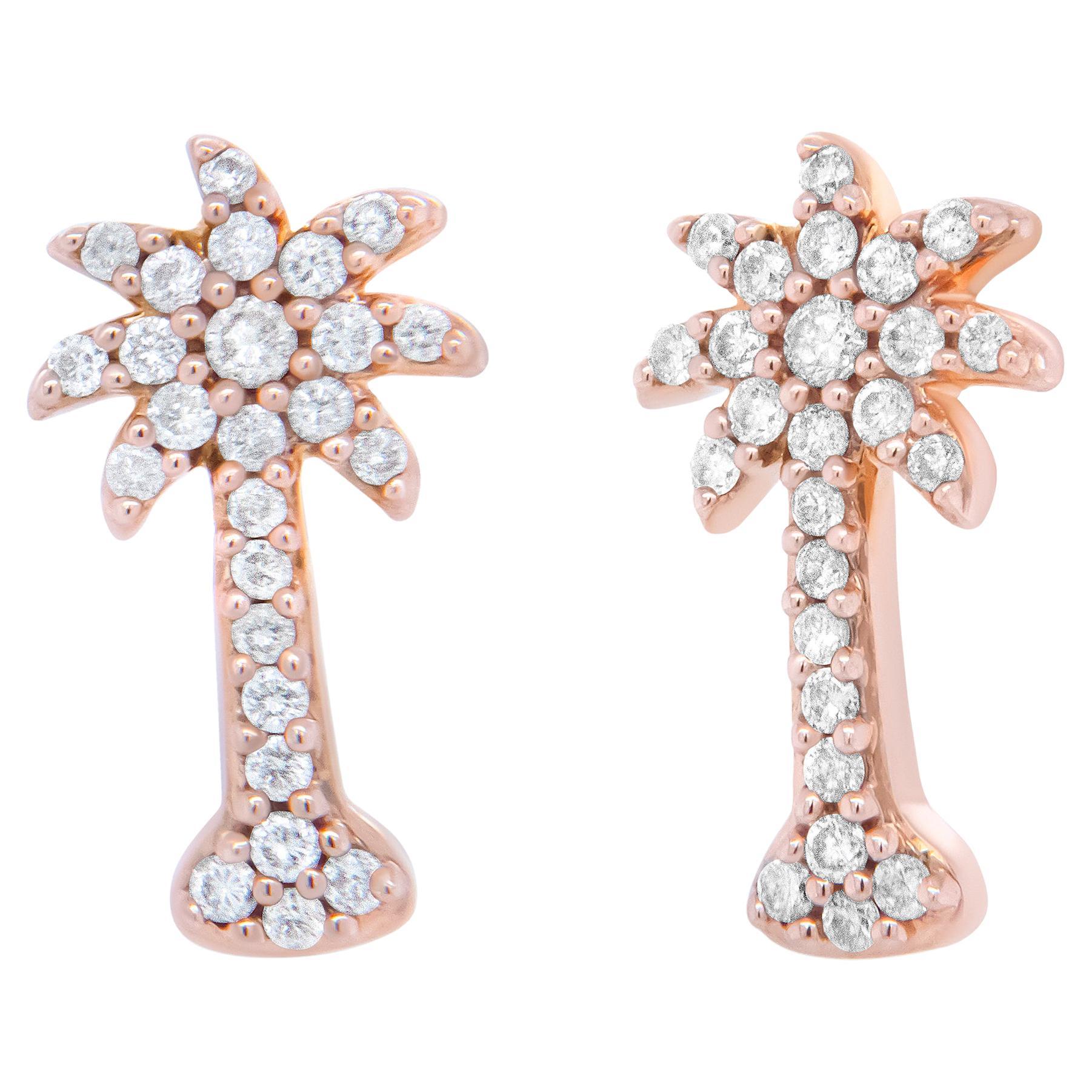10K Rose Gold 1/4 Carat Diamond Palm Tree Push Back Stud Earrings For Sale
