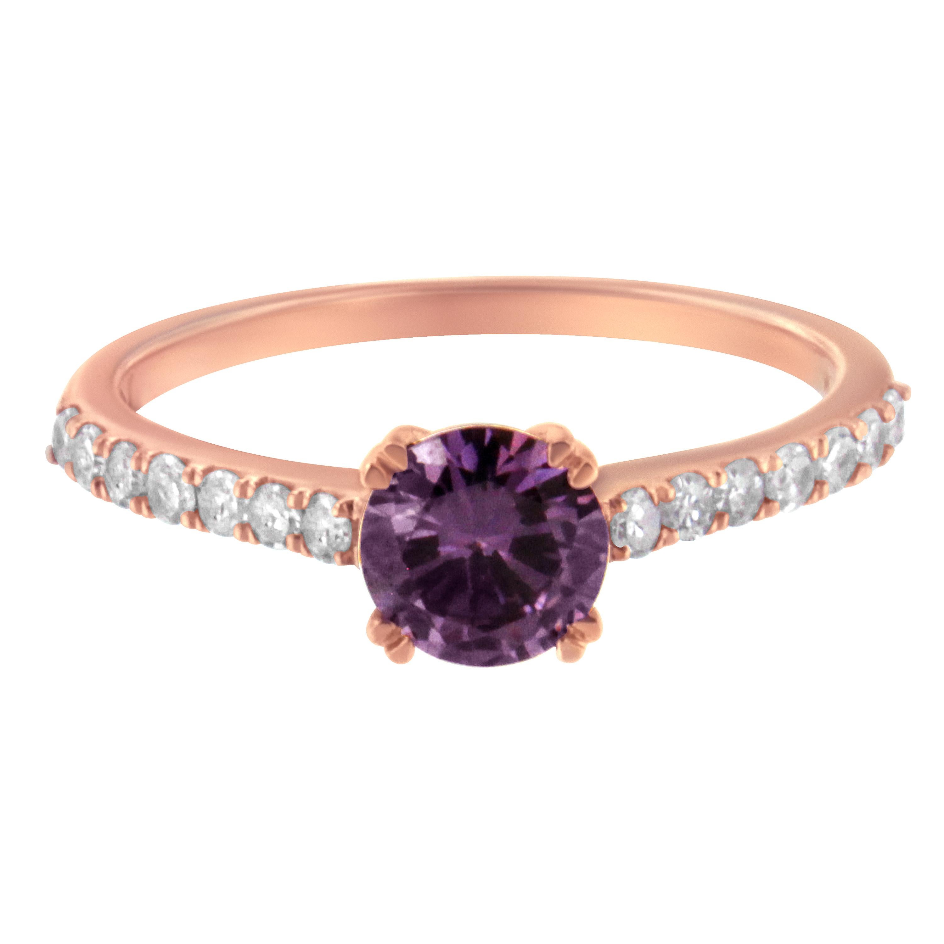 Trust us when we say that you don’t have to be a fan of gemstones to fall in love with this gorgeous ring. The piece starts with a 10K rose gold band, featuring a 6MM round amethyst stone in the most beautiful purple hue, exuding a regal flair like