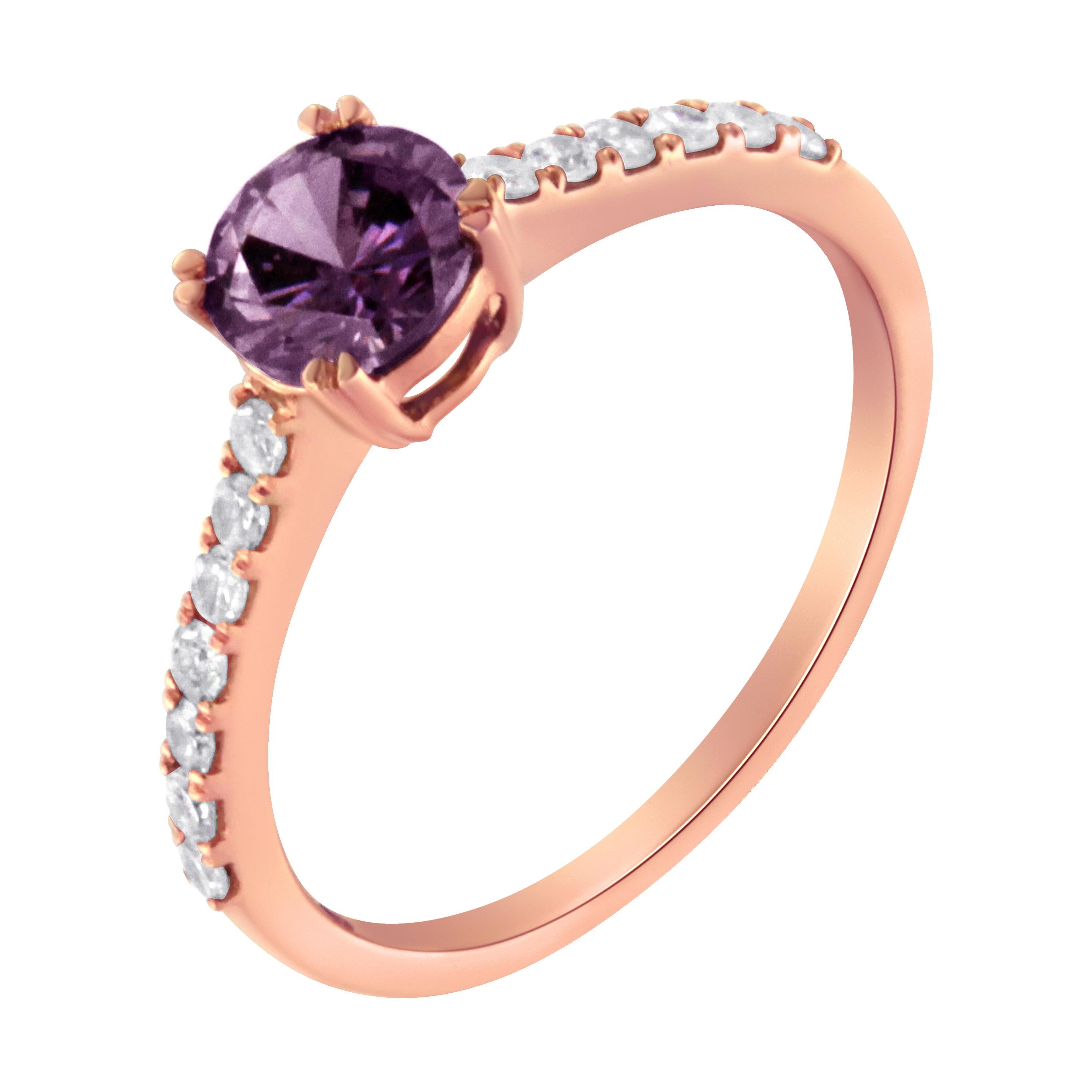 Modern 10K Rose Gold 1/4 Cttw Diamond and 6MM Amethyst Gemstone Halo Ring For Sale