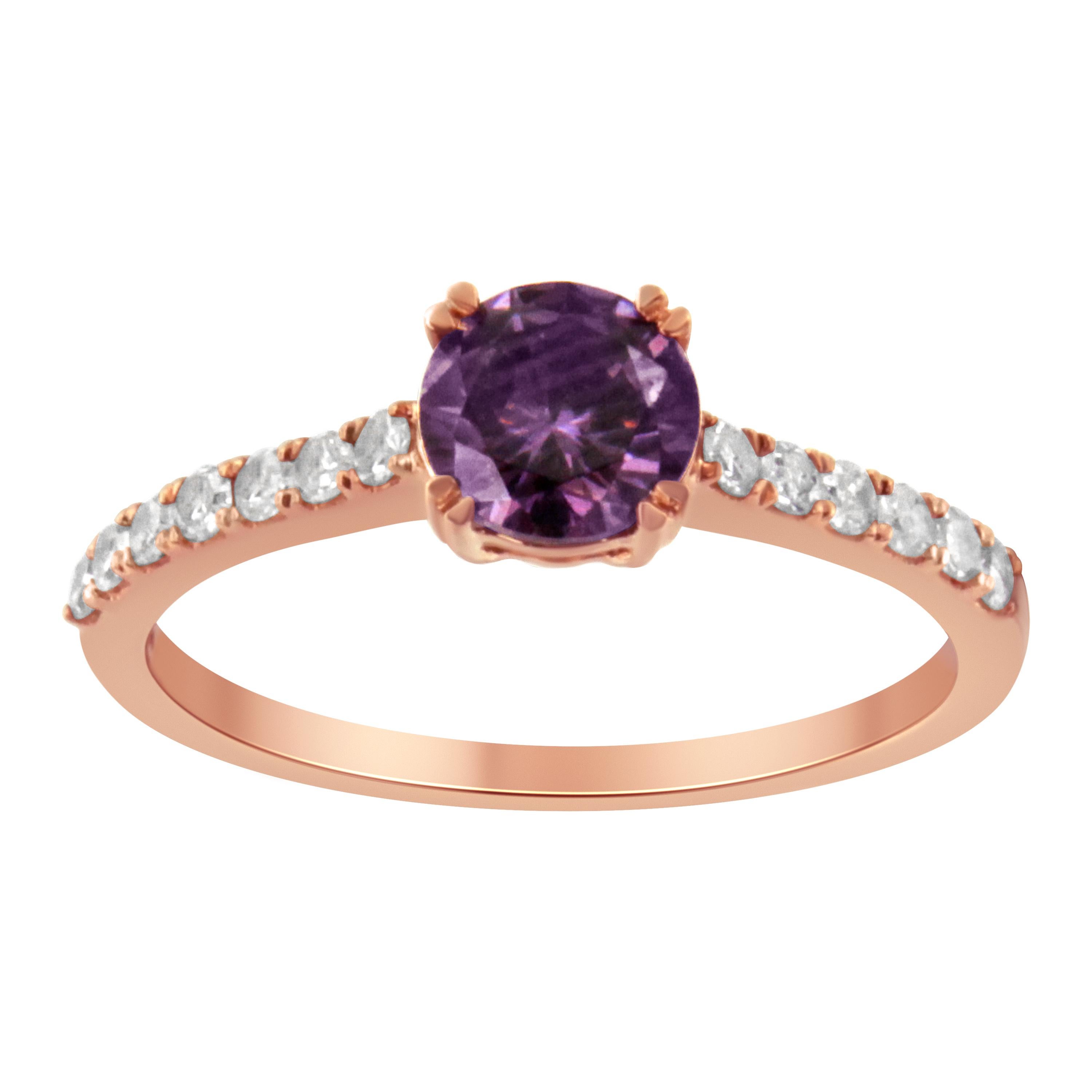 10K Rose Gold 1/4 Cttw Diamond and 6MM Amethyst Gemstone Halo Ring