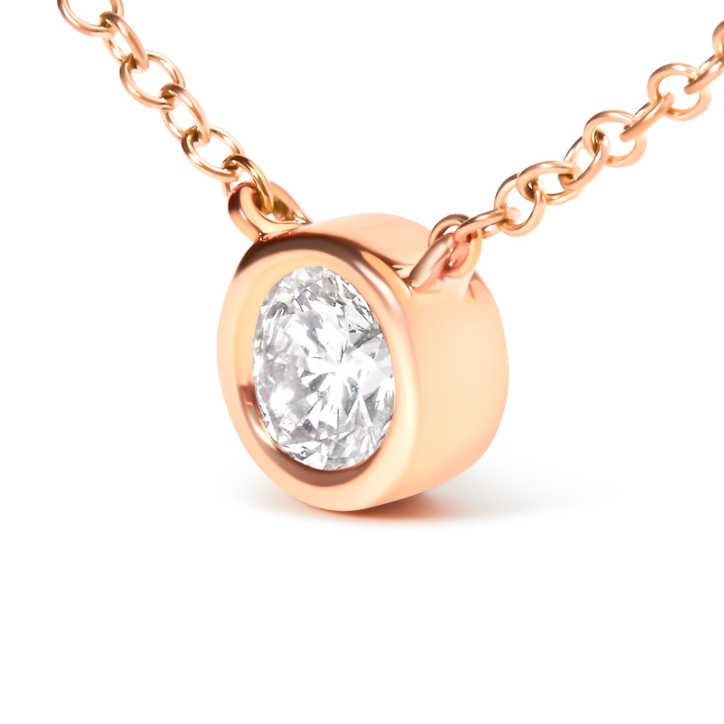 Round Cut 10K Rose Gold 1/5 Carat Brilliant-Cut Diamond Modern Solitaire Pendant Necklace For Sale
