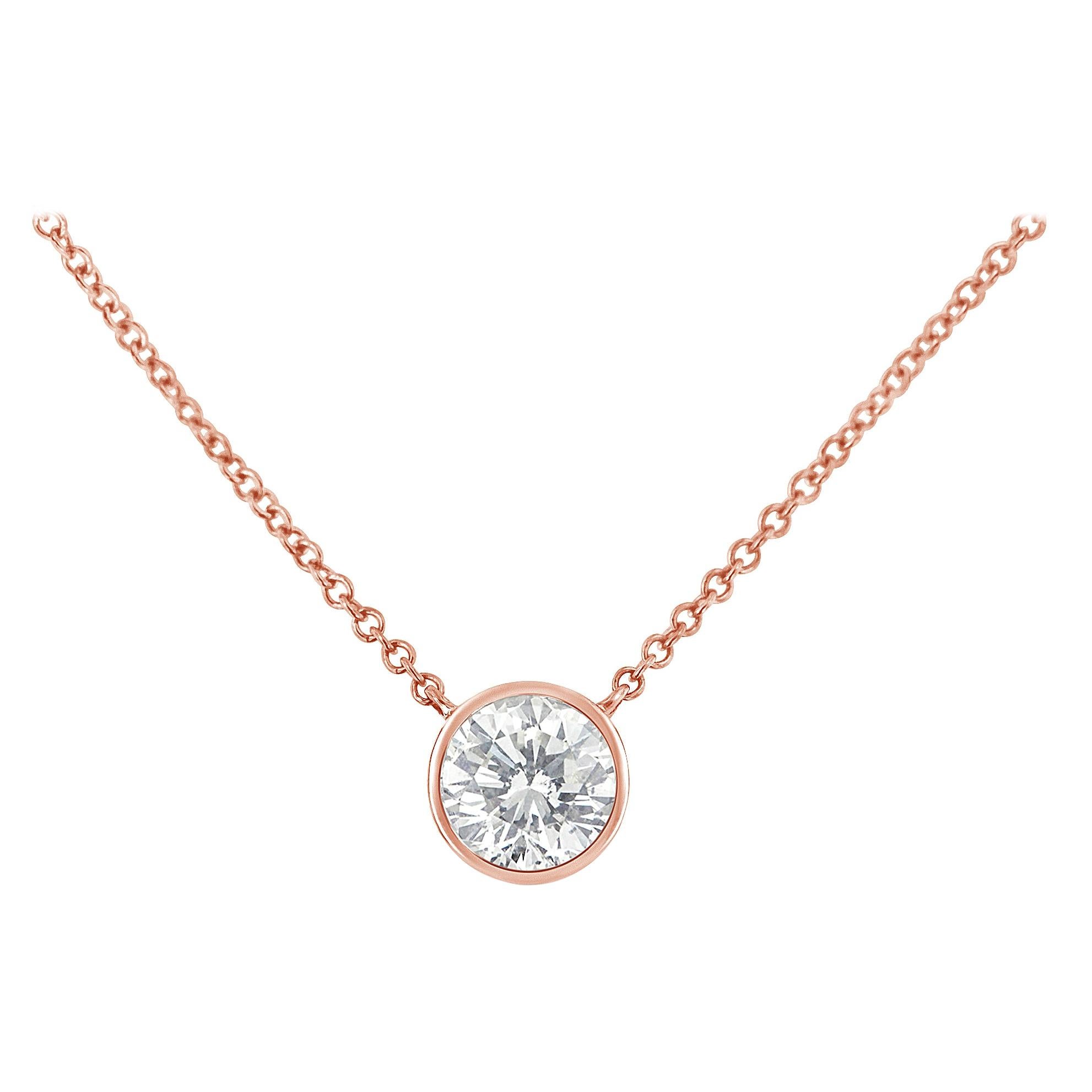 10K Rose Gold 1/5 Carat Diamond Bezel-Set Solitaire Pendant Necklace For Sale