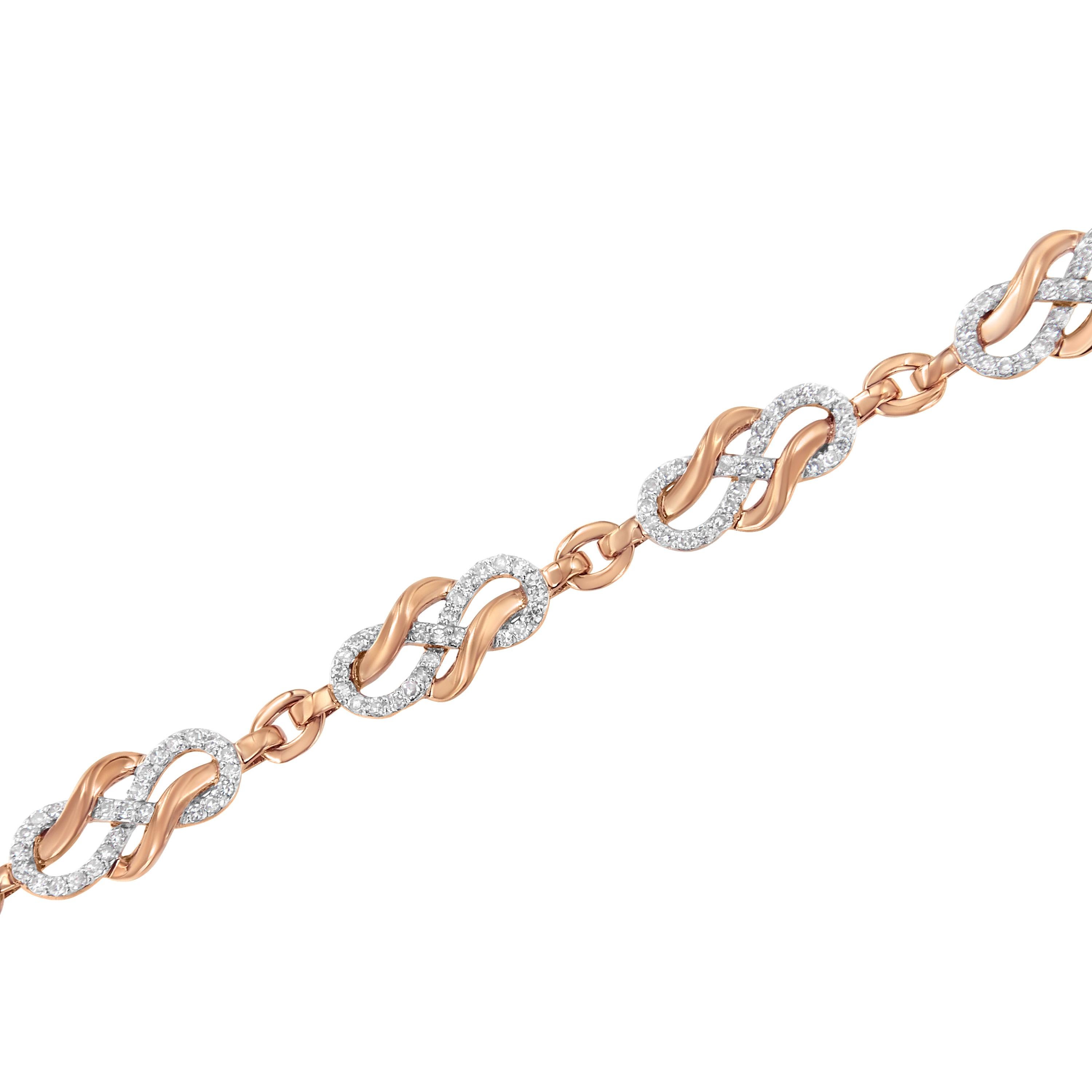 Modern 10K Rose Gold 1.0 Cttw Diamond Infinity Loop and Swirl Link Bracelet For Sale