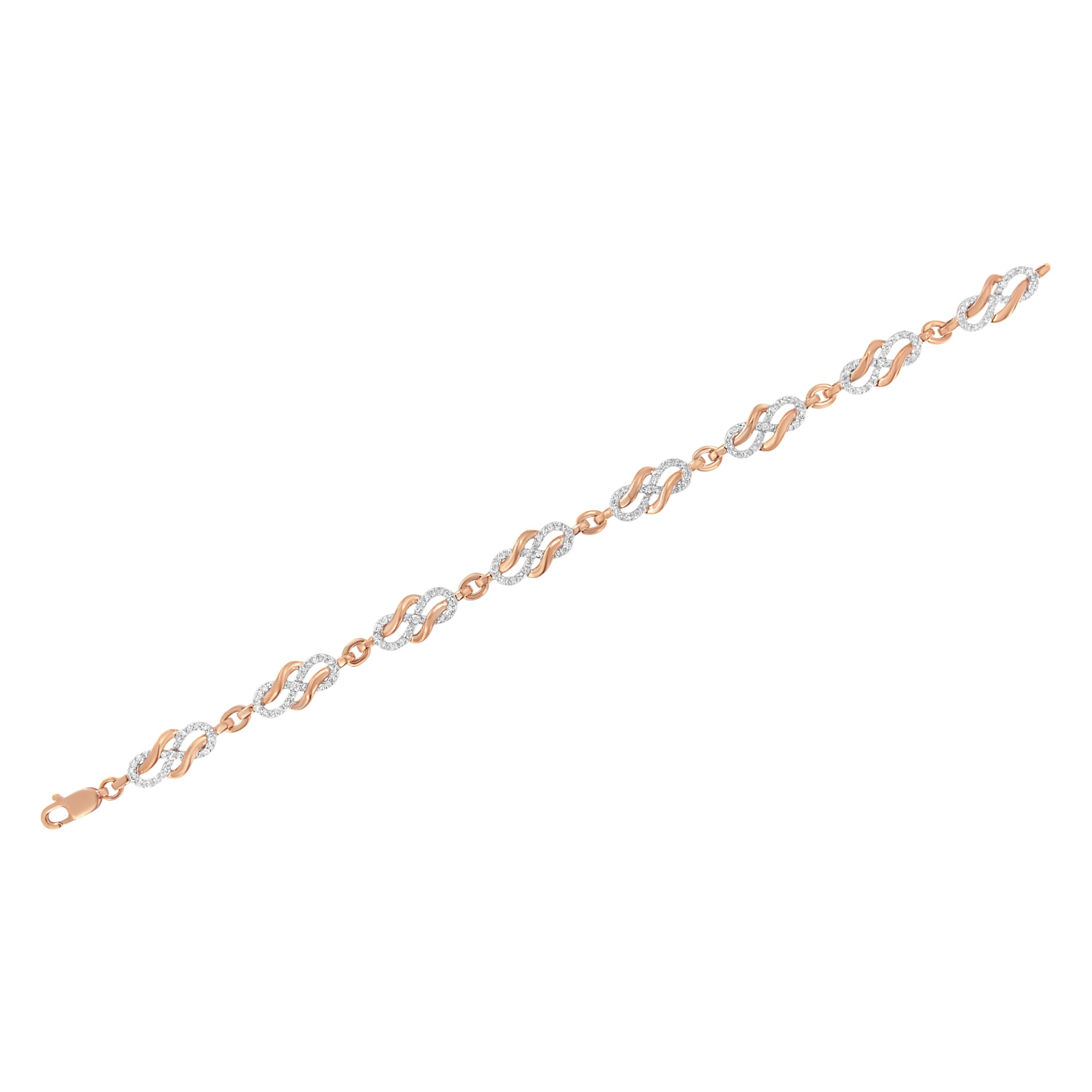Round Cut 10K Rose Gold 1.0 Cttw Diamond Infinity Loop and Swirl Link Bracelet For Sale