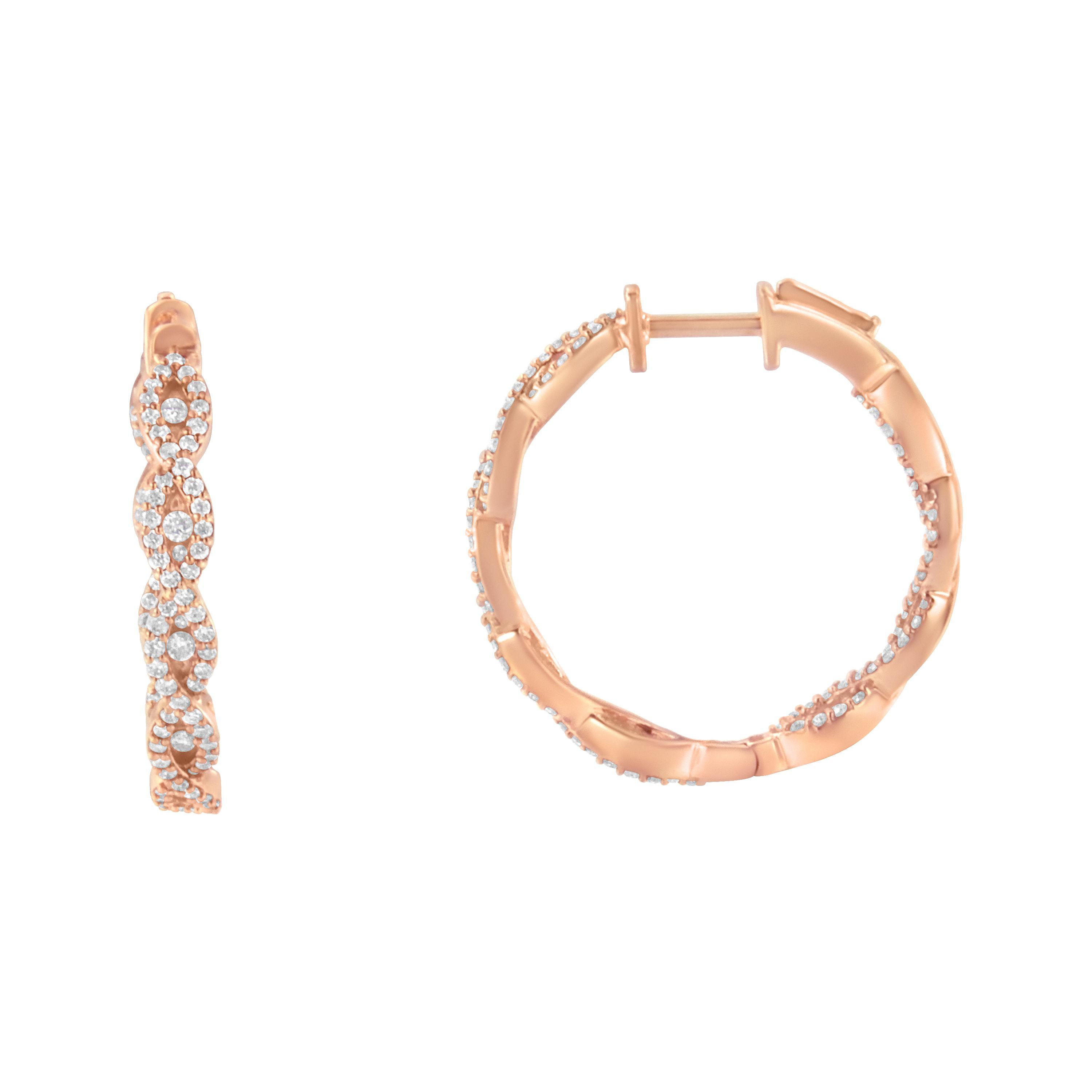 Inlaying both the front and back side of these striking 10k rose gold hoop earrings, are 1ct of brilliant round cut diamonds with lever backs that keep them securely in place. These unique design is perfect for everyday wear. 'Video Available Upon