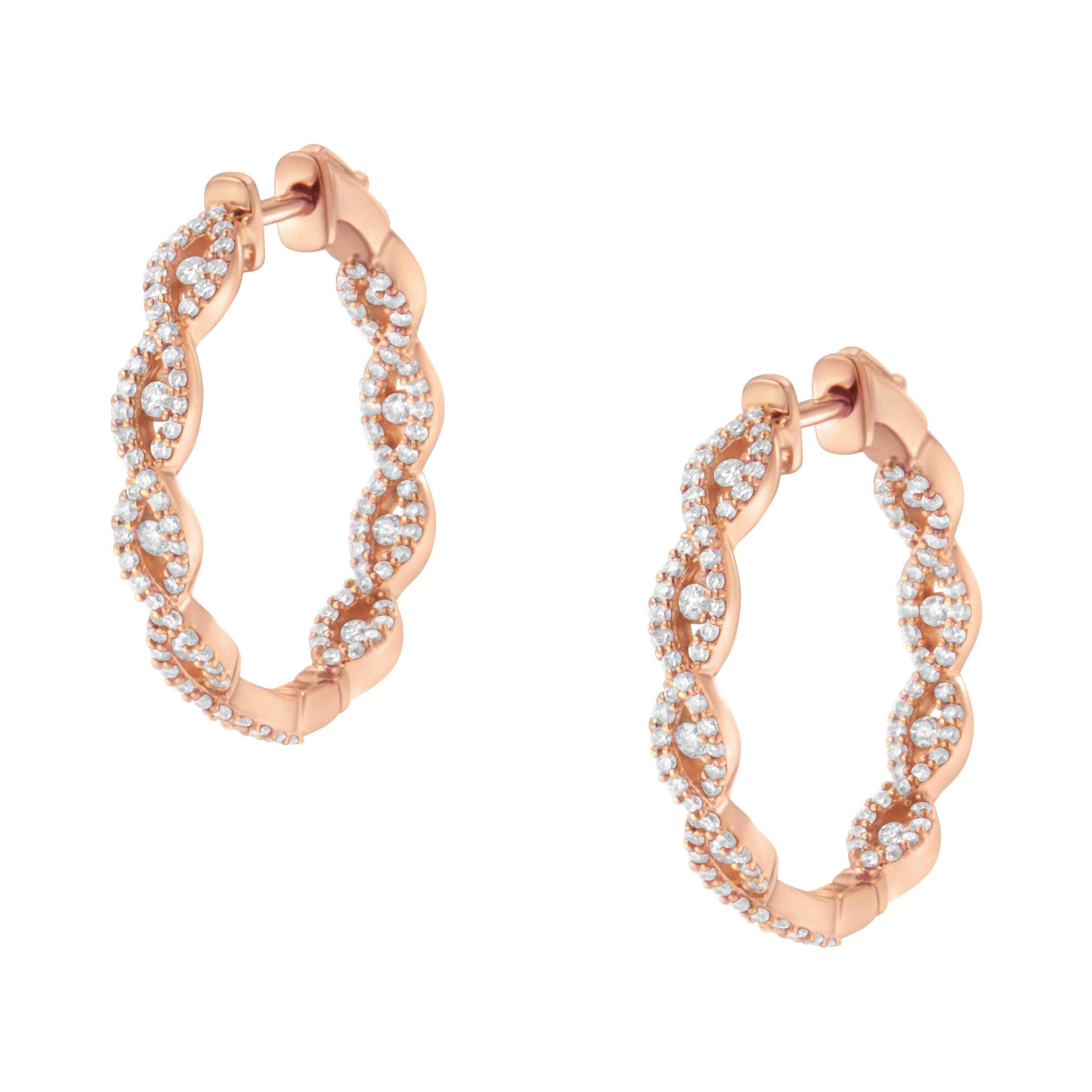 Contemporary 10K Rose Gold 1.00 Carat Diamond Inside Out Hoop Earring For Sale