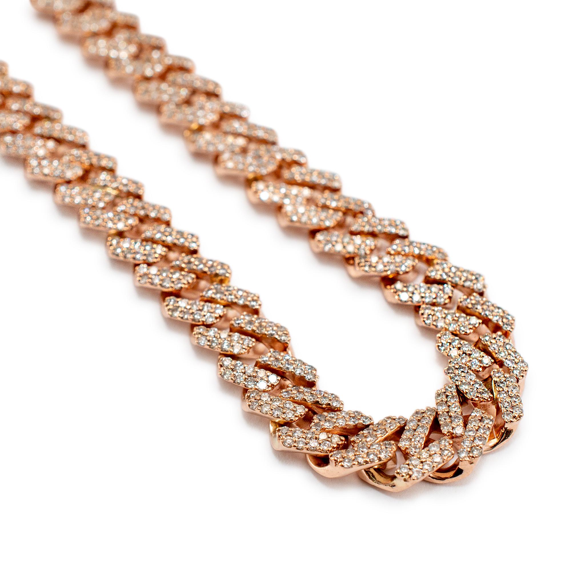 10K Roségold 14,47 Karat Pavé-Diamant Miami Kubanische Gliederkette Halskette (Rundschliff)