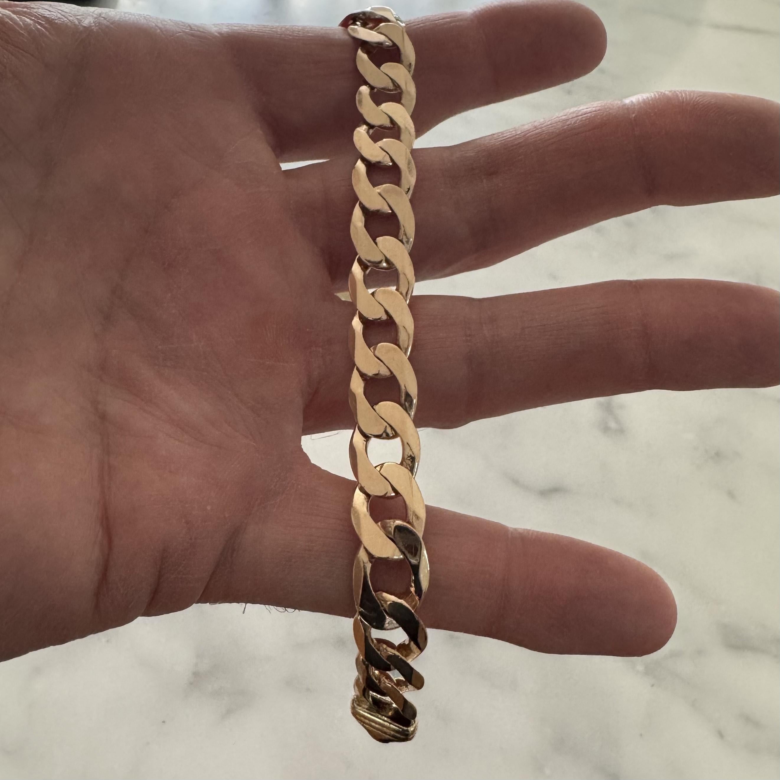 Condition:  Excellent Condition, Professionally Cleaned and Polished
Metal:  14k Gold (Marked, and Professionally Tested)
Weight:  28.9g
Length:  9 Inches
Width:  11mm
Closure: Lobster Claw
Markings:  