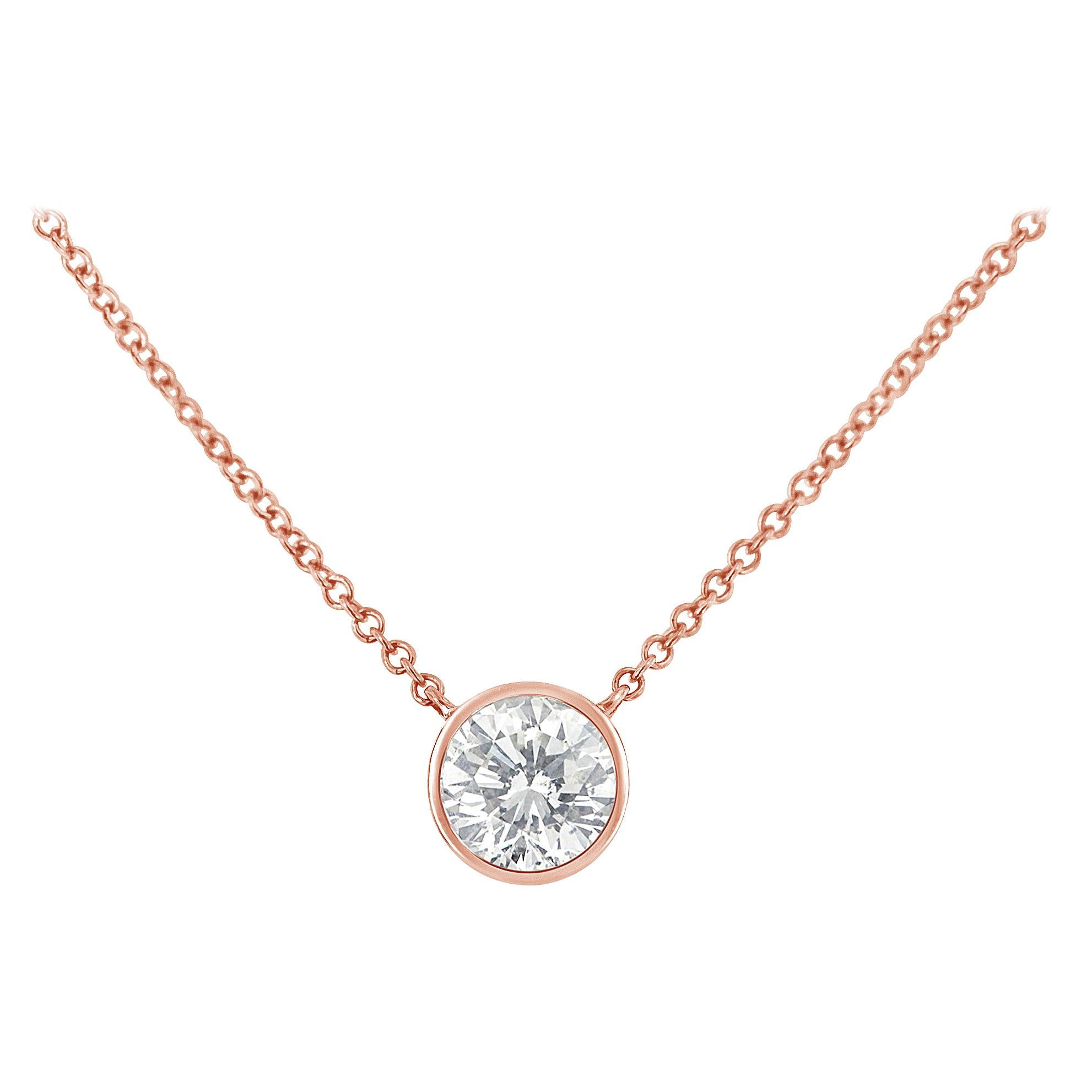 10K Rose Gold 3/10 Carat Diamond Bezel-Set Solitaire Pendant Necklace For Sale