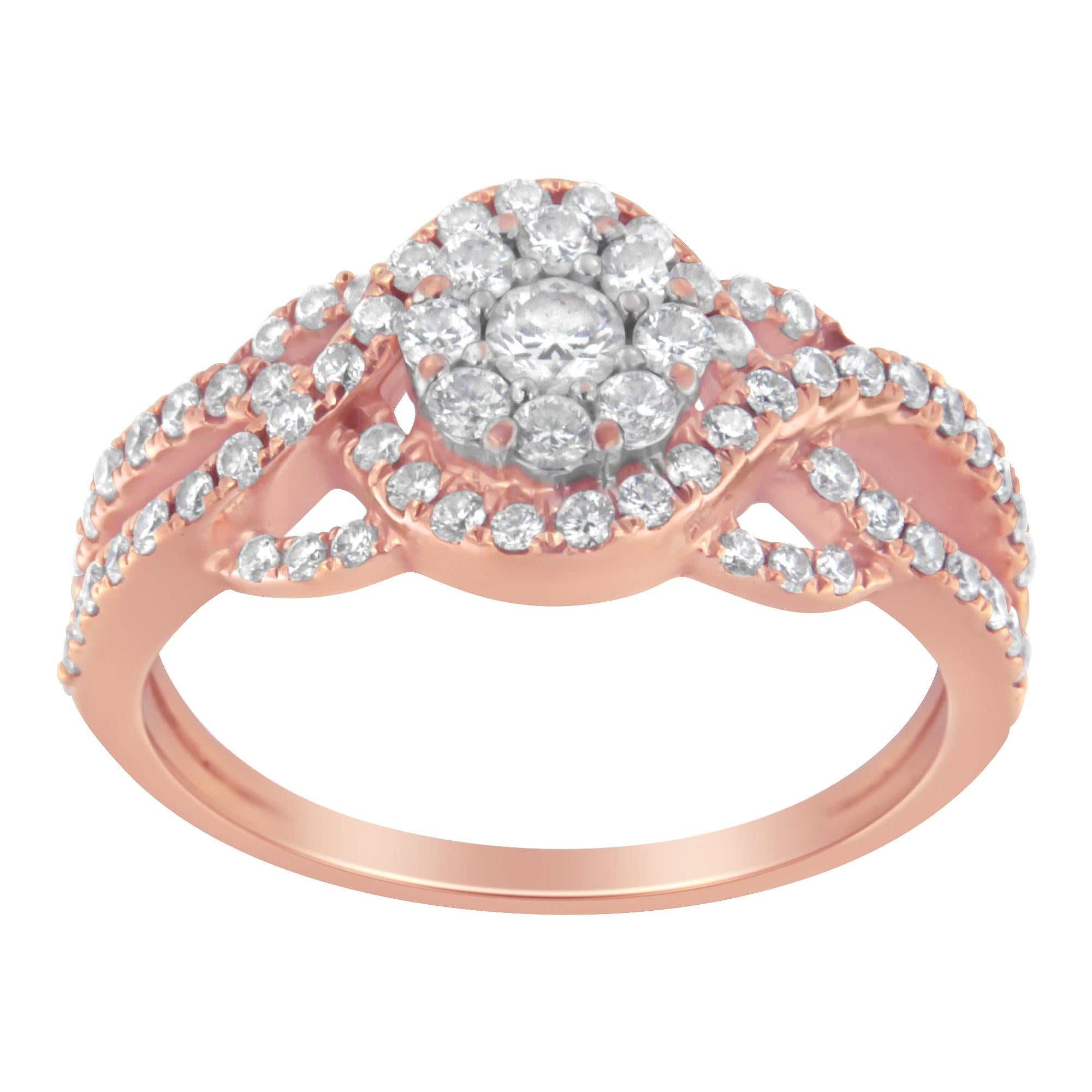 Dazzling cocktail ring that displays a sophisticated and elegant design. It features a 10k rose gold structure that embraces 69 round-cut genuine diamonds in a prong setting   . This results in a piece full of refinement and style. This rose gold