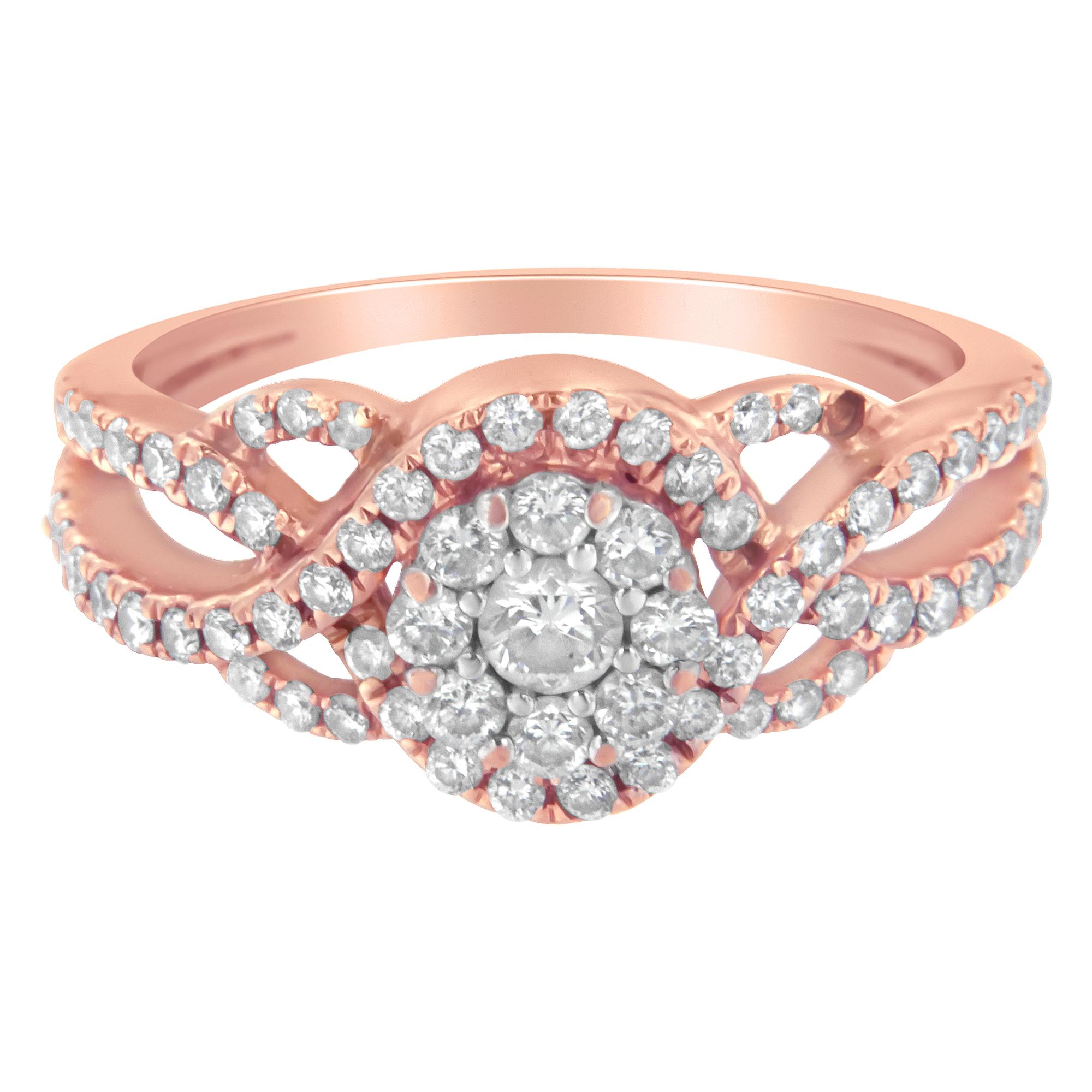 Contemporary 10K Rose Gold 3/4 Carat Diamond Floral Head and Twisted Shank Cocktail Ring For Sale