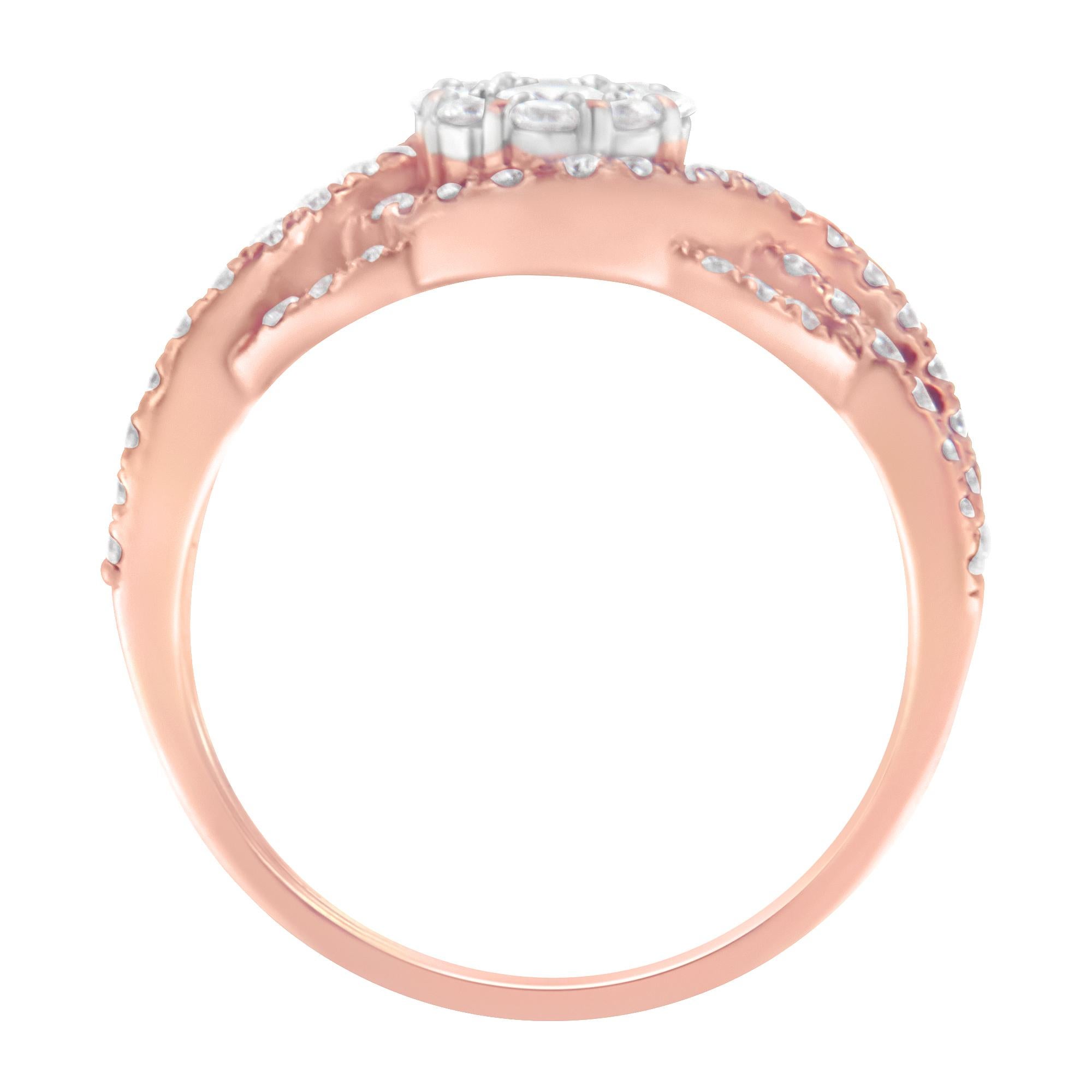 Round Cut 10K Rose Gold 3/4 Carat Diamond Floral Head and Twisted Shank Cocktail Ring For Sale