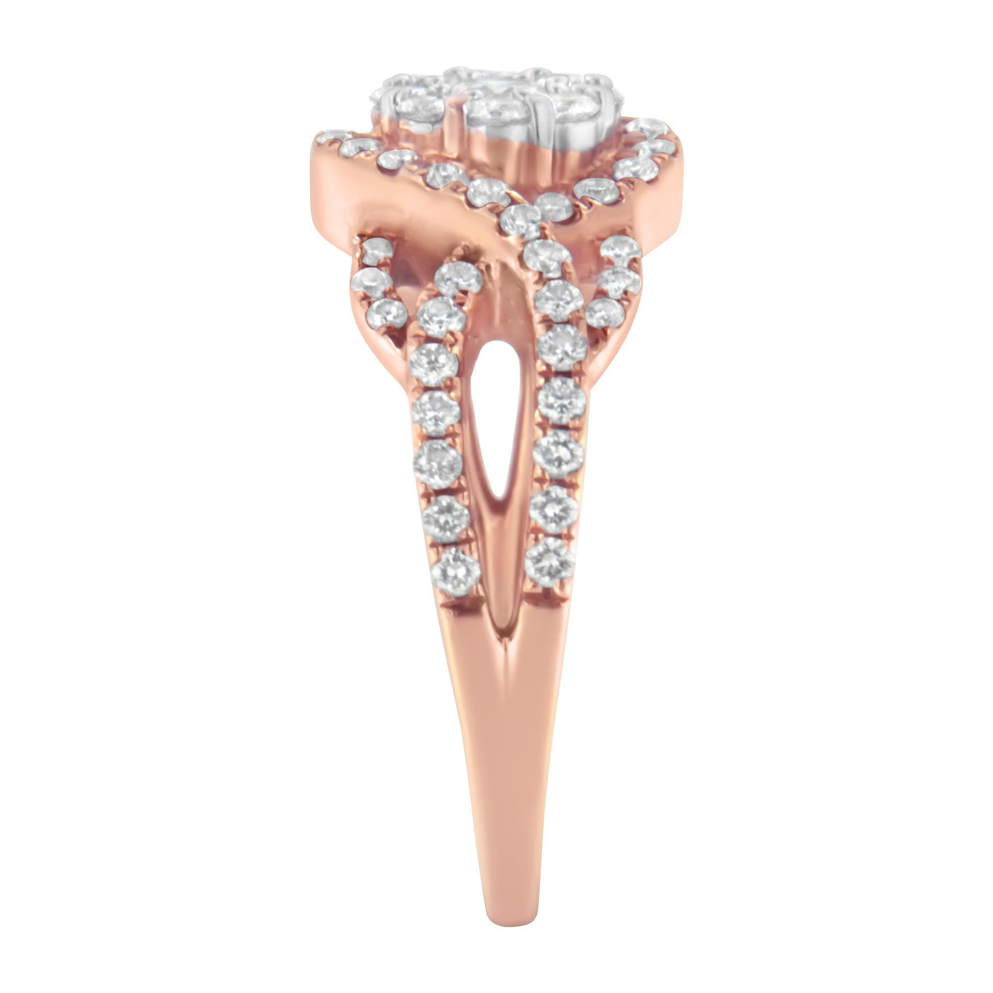 10K Rose Gold 3/4 Carat Diamond Floral Head and Twisted Shank Cocktail Ring In New Condition For Sale In New York, NY