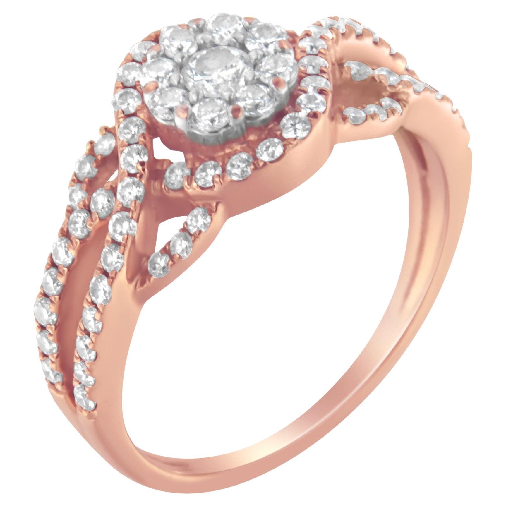 10K Rose Gold 3/4 Carat Diamond Floral Head and Twisted Shank Cocktail Ring For Sale