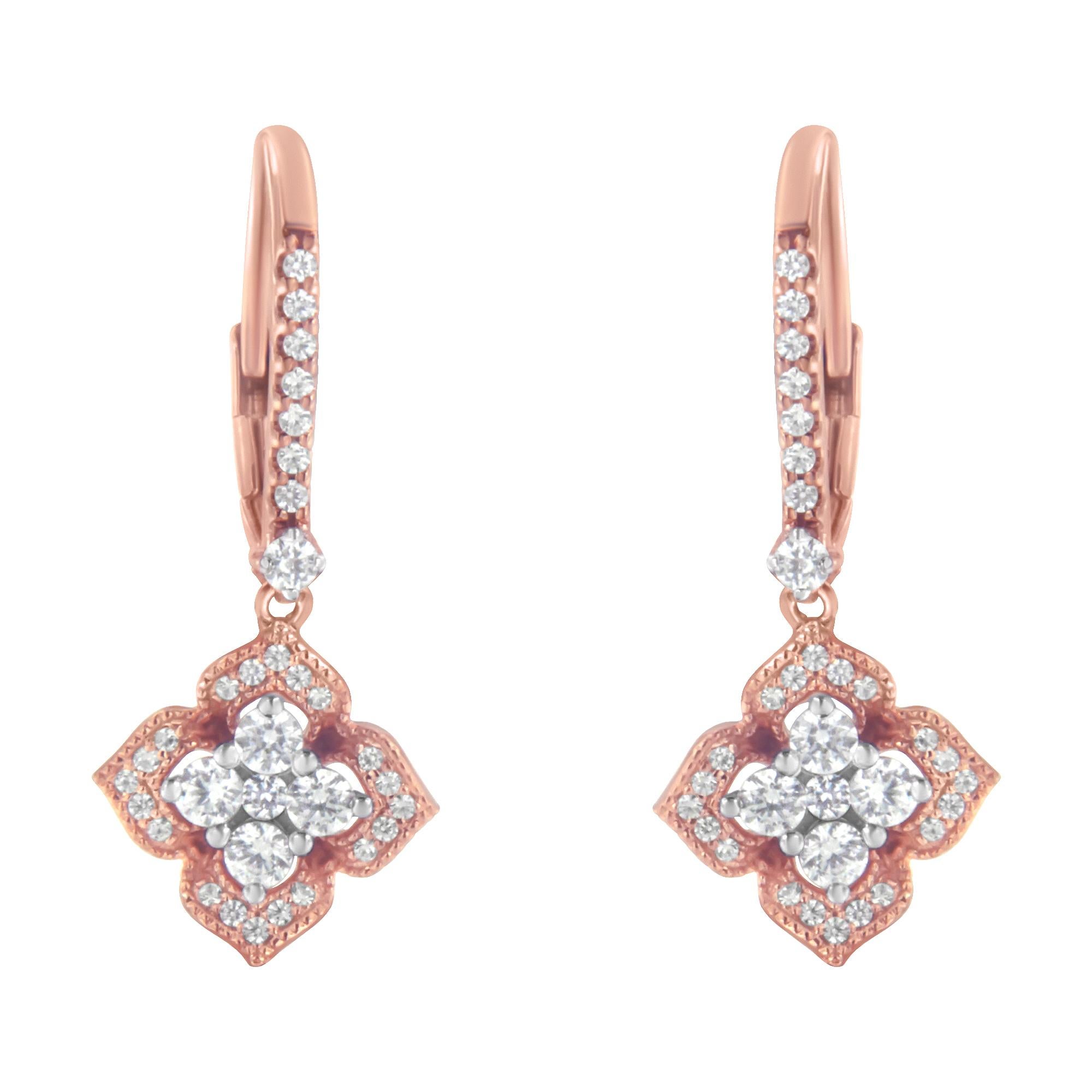 Moderno Orecchini pendenti a fiore in oro rosa 10K con diamanti da 3/4 Cttw in vendita