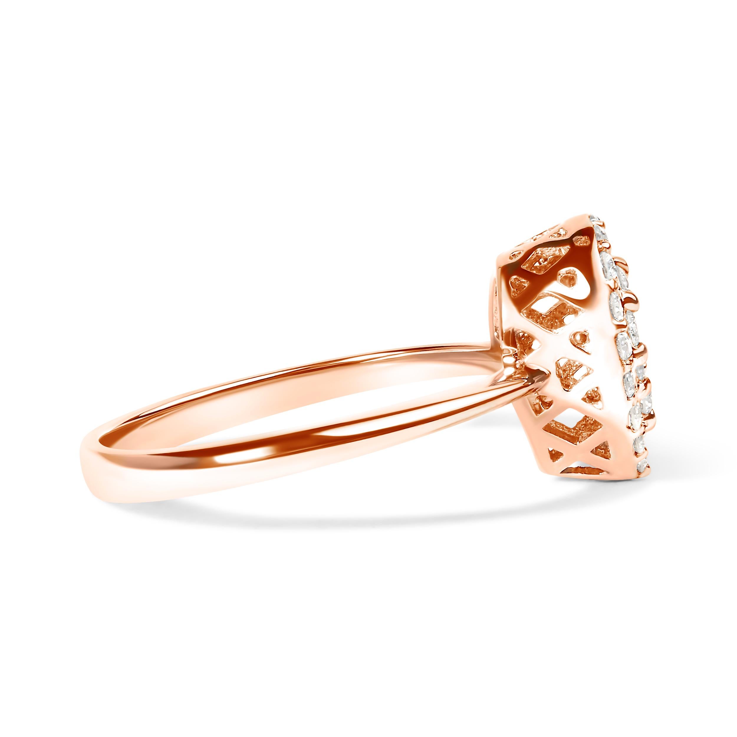 Laissez-vous séduire par la beauté éternelle de cette exquise bague de promesse en or rose 10 carats. Fabriqué avec la plus grande précision, son design délicat orne gracieusement votre doigt, captivant tous ceux qui posent les yeux sur lui. La