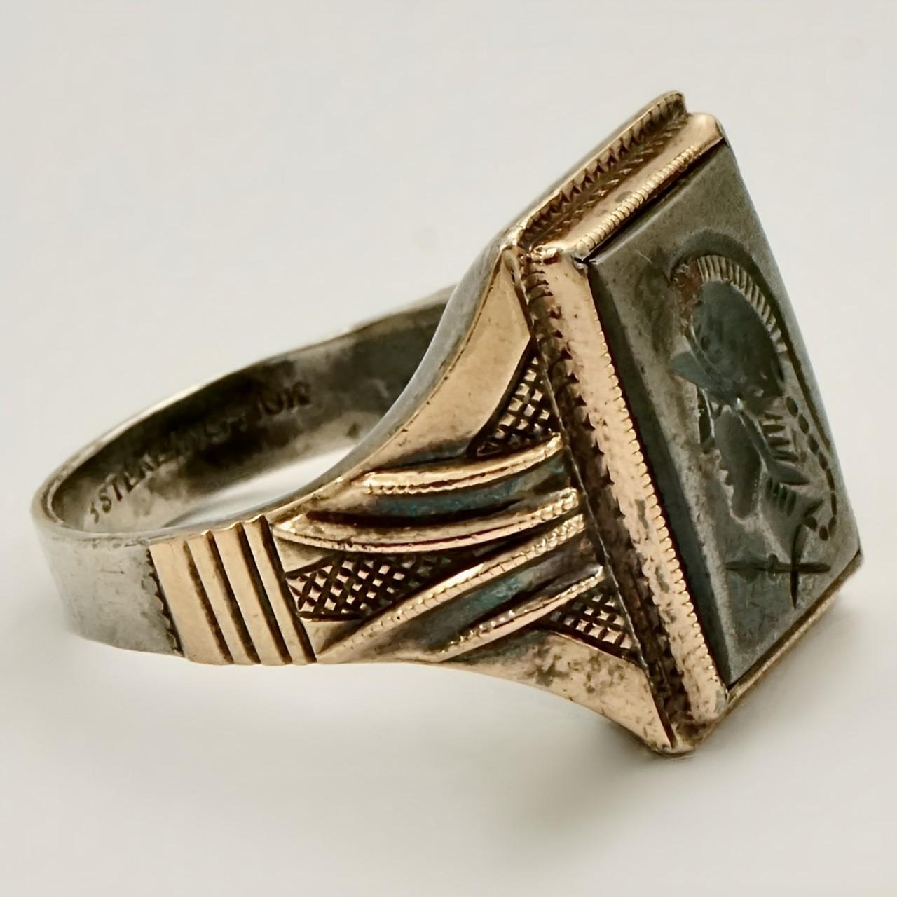 Pear Cut 10K Rose Gold and Sterling Silver Haematite Intaglio Warrior Ring circa 1940s For Sale