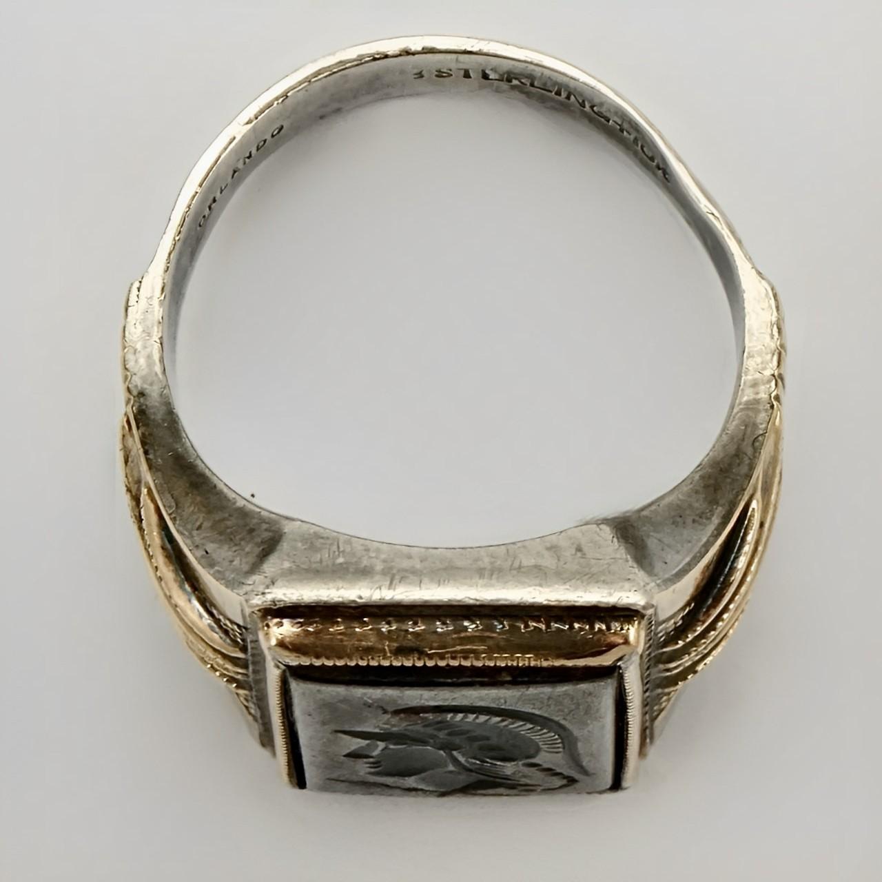 10K Rose Gold and Sterling Silver Haematite Intaglio Warrior Ring circa 1940s In Good Condition For Sale In London, GB