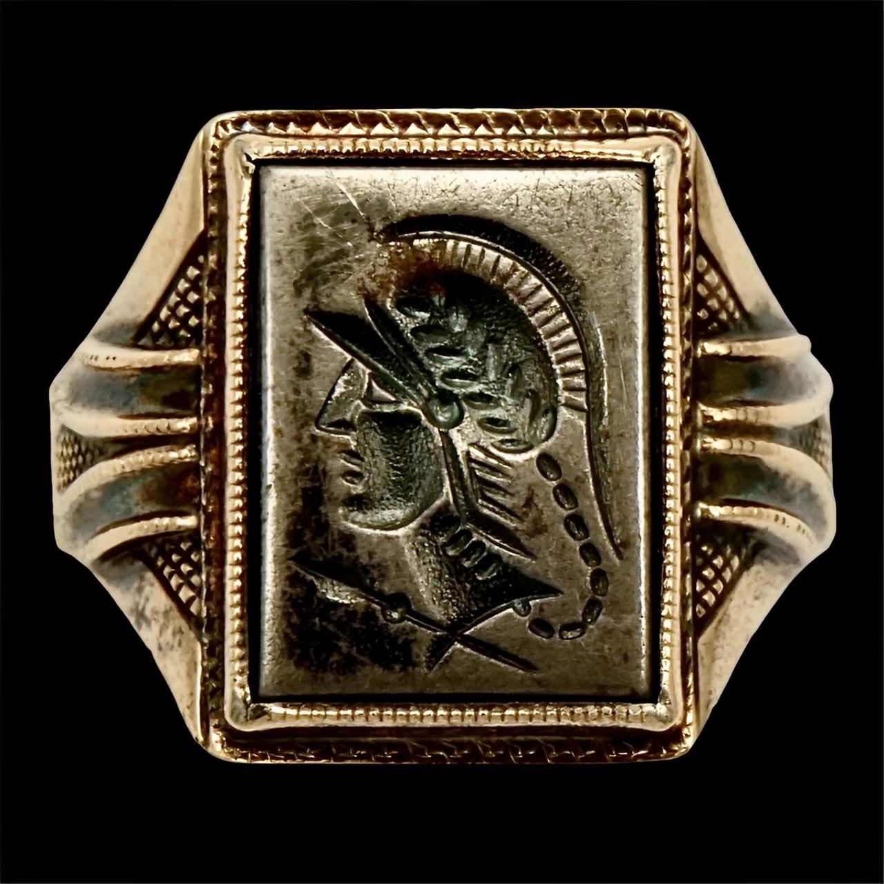 10K Rose Gold and Sterling Silver Haematite Intaglio Warrior Ring circa 1940s For Sale 3
