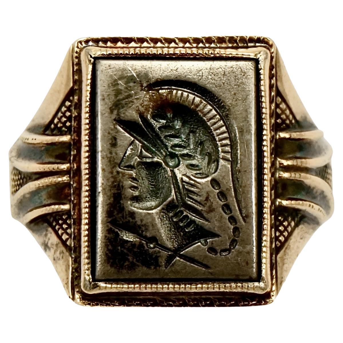 10K Rose Gold and Sterling Silver Haematite Intaglio Warrior Ring circa 1940s For Sale