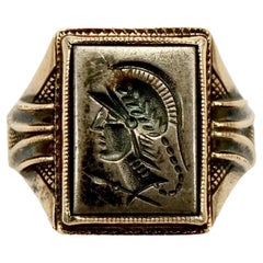 Retro 10K Rose Gold and Sterling Silver Haematite Intaglio Warrior Ring circa 1940s