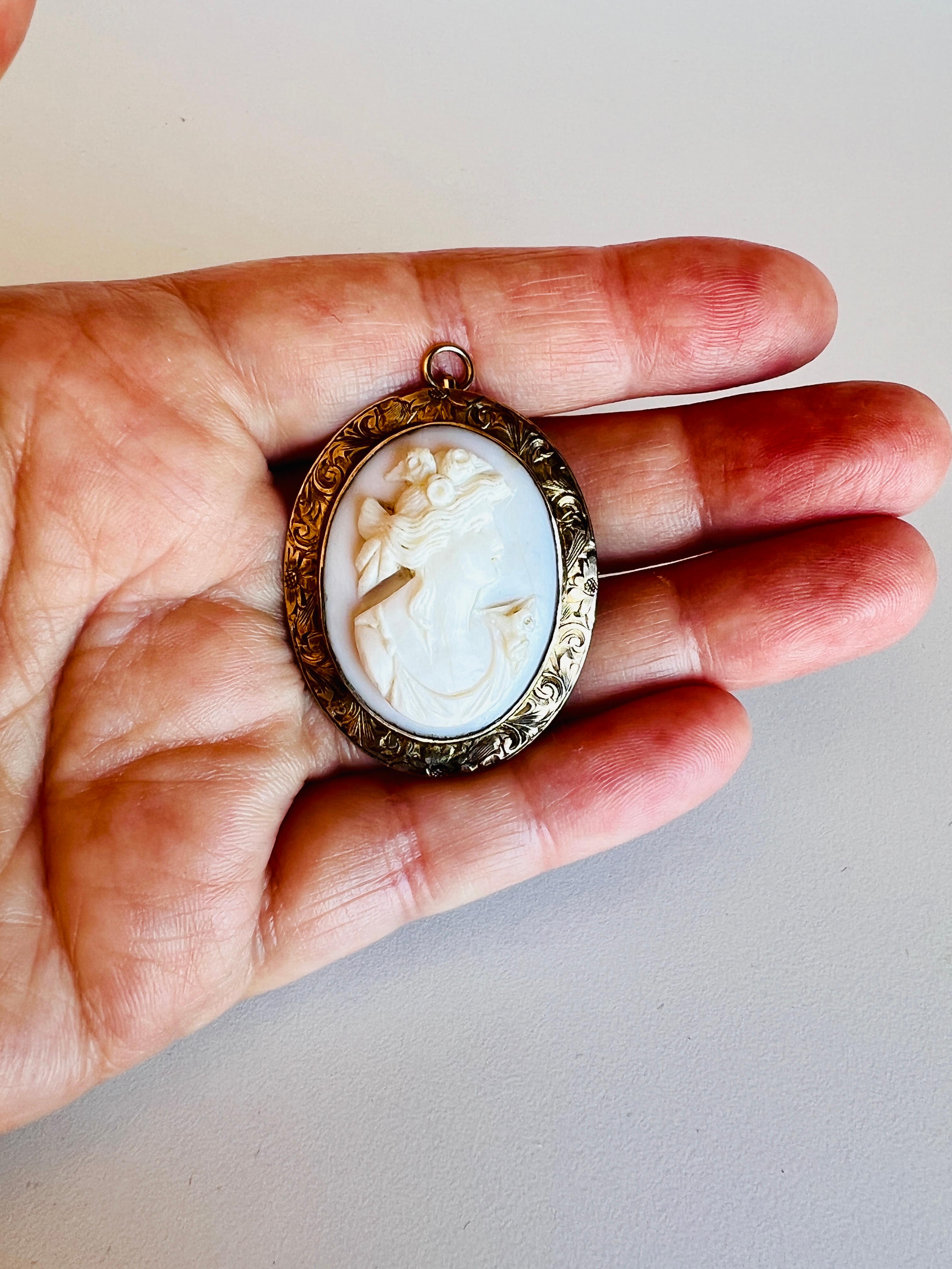 Men's 10k Rose Gold Antique Victorian Cameo Shell Brooch & Necklace Pendant