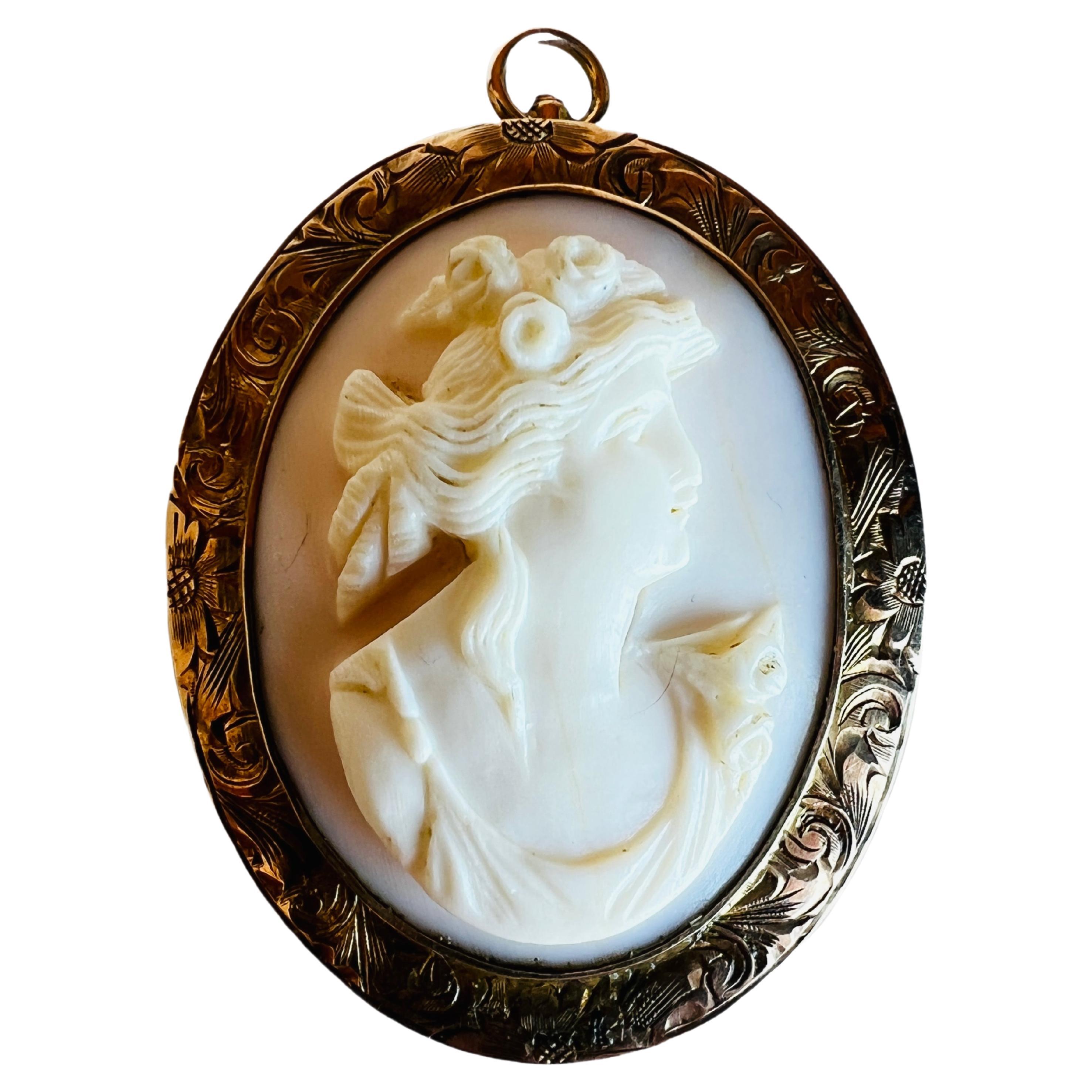 10k Rose Gold Antique Victorian Cameo Shell Brooch & Necklace Pendant