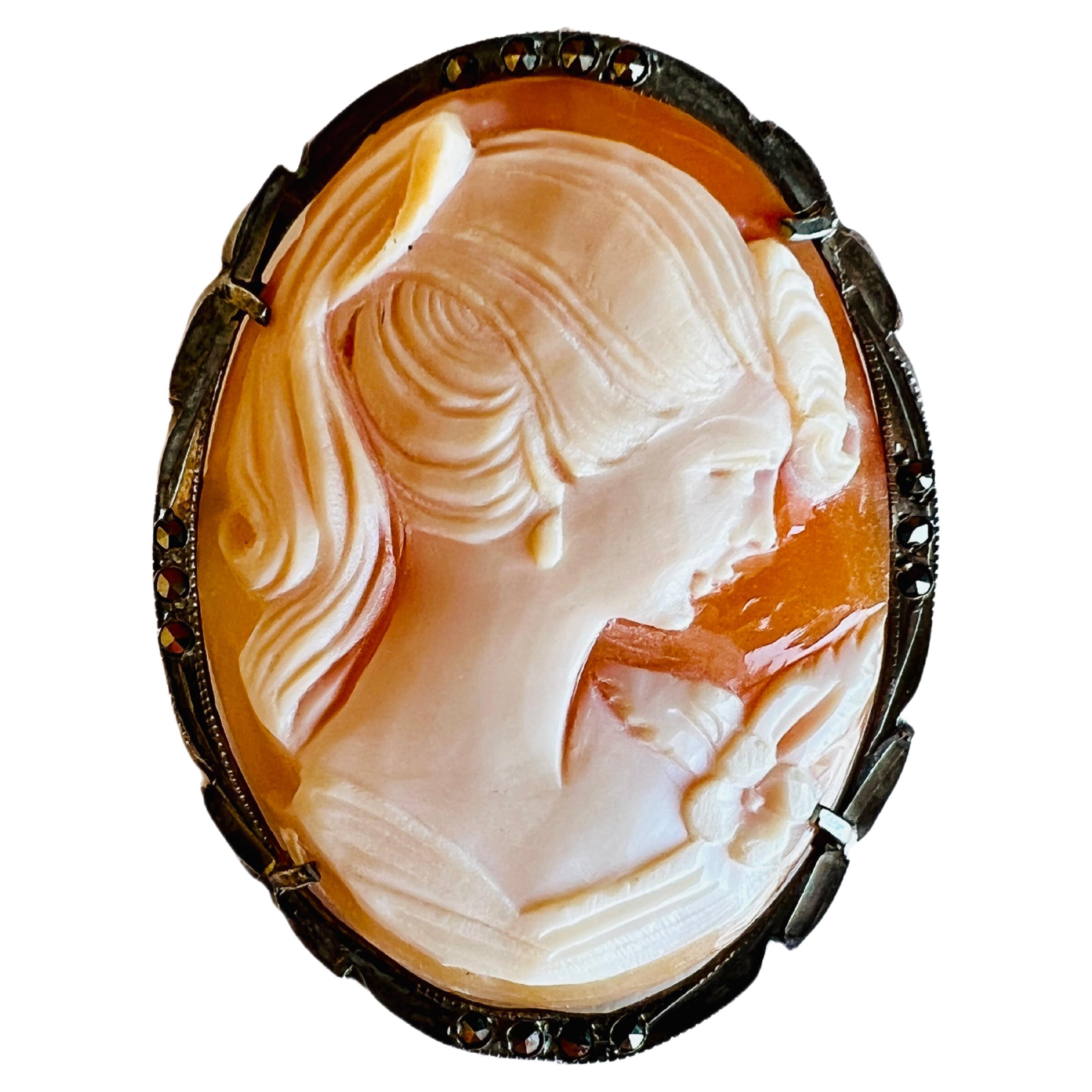 800 Silver Marcasite Cameo Shell Brooch & Necklace Portrait Pendant For Sale