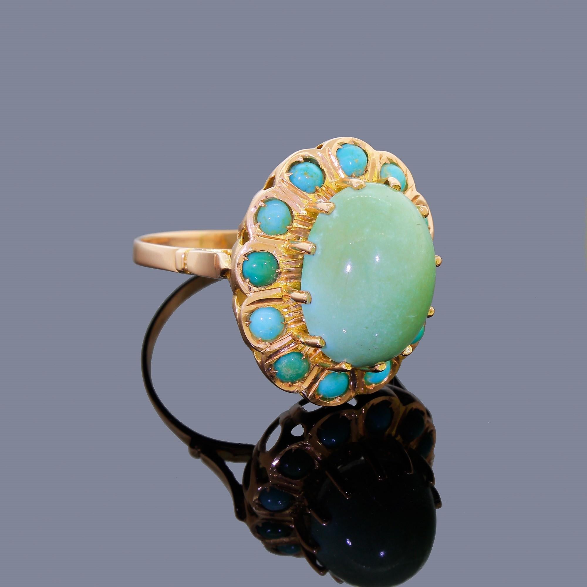 Retro 10 Karat Rose Gold Cocktail Ring Green Blue Persian Turquoise Halo