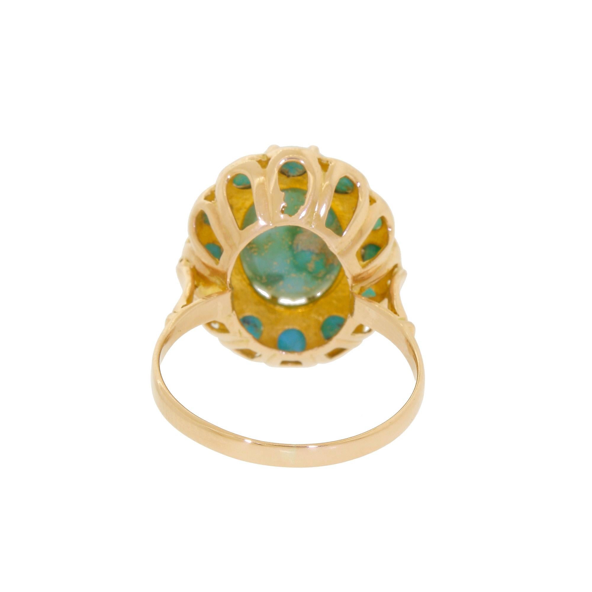 10 Karat Rose Gold Cocktail Ring Green Blue Persian Turquoise Halo In Excellent Condition In Lauderdale by the Sea, FL