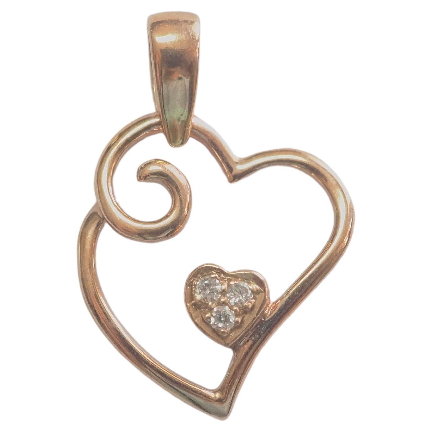 No Reserve- 10K Rose Gold Diamond Abstract Heart Motif Pendant For Sale
