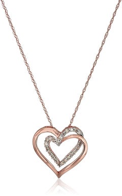 10 Karat Rose Gold Diamond Double Heart Pendant Necklace, 18