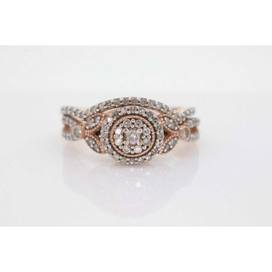 10k Rose Gold Diamond Wedding Ring set. Diamond Cluster Halo Wedding Set. For Sale 1