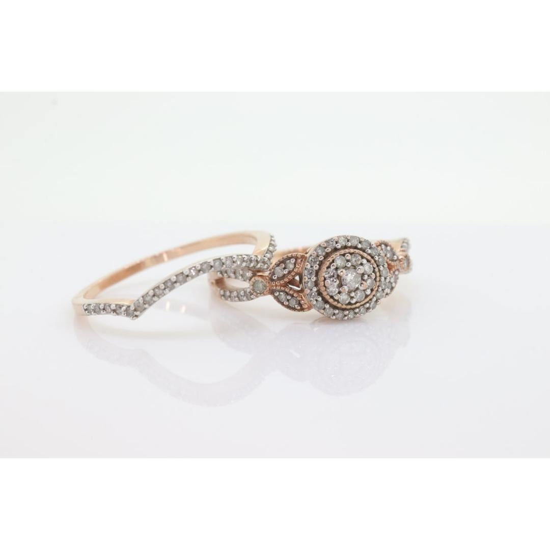 10k Rose Gold Diamond Wedding Ring set. Diamond Cluster Halo Wedding Set. For Sale 2