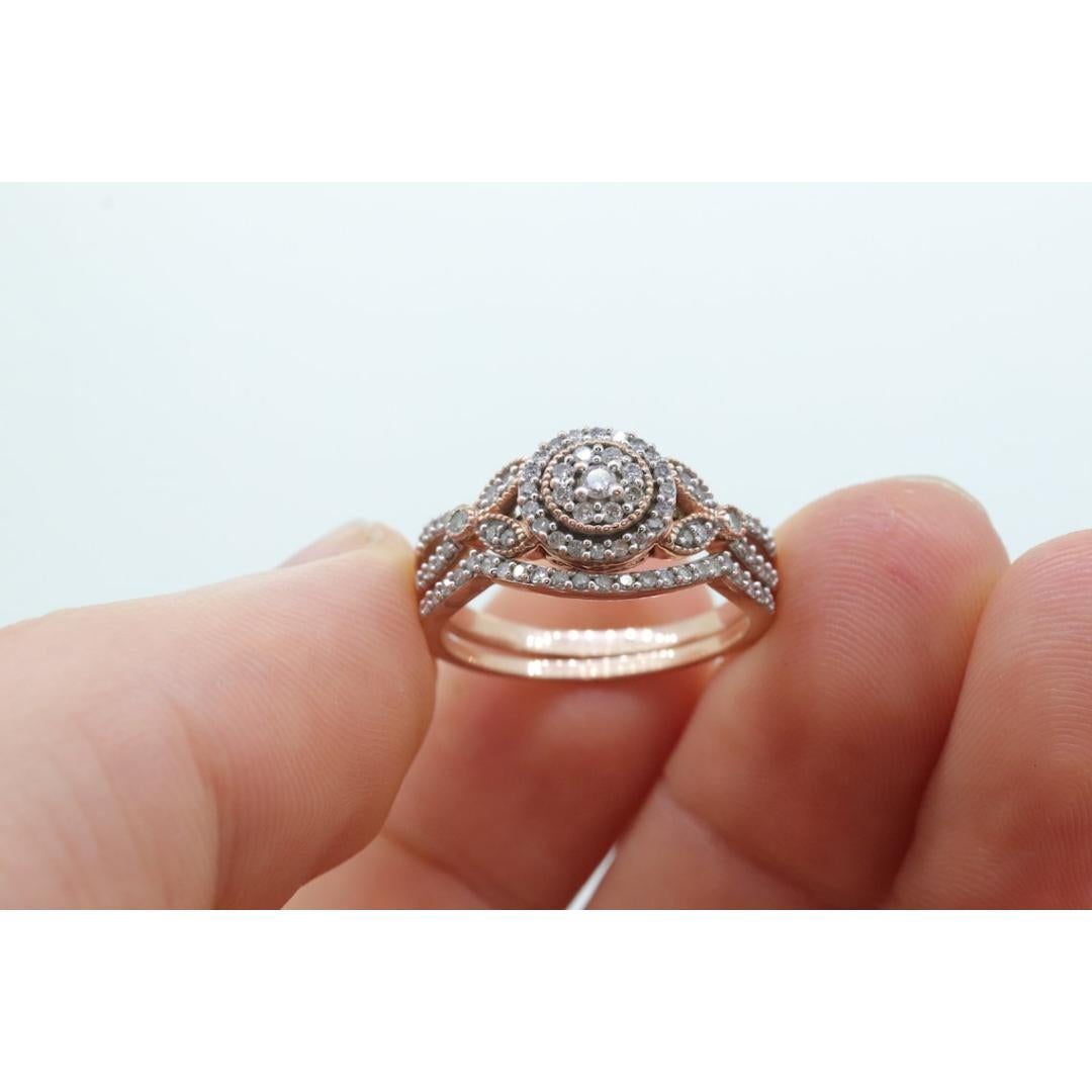 10k Rose Gold Diamond Wedding Ring set. Diamond Cluster Halo Wedding Set. For Sale 3