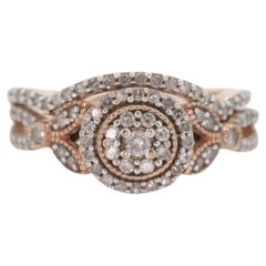 Used 10k Rose Gold Diamond Wedding Ring set. Diamond Cluster Halo Wedding Set.
