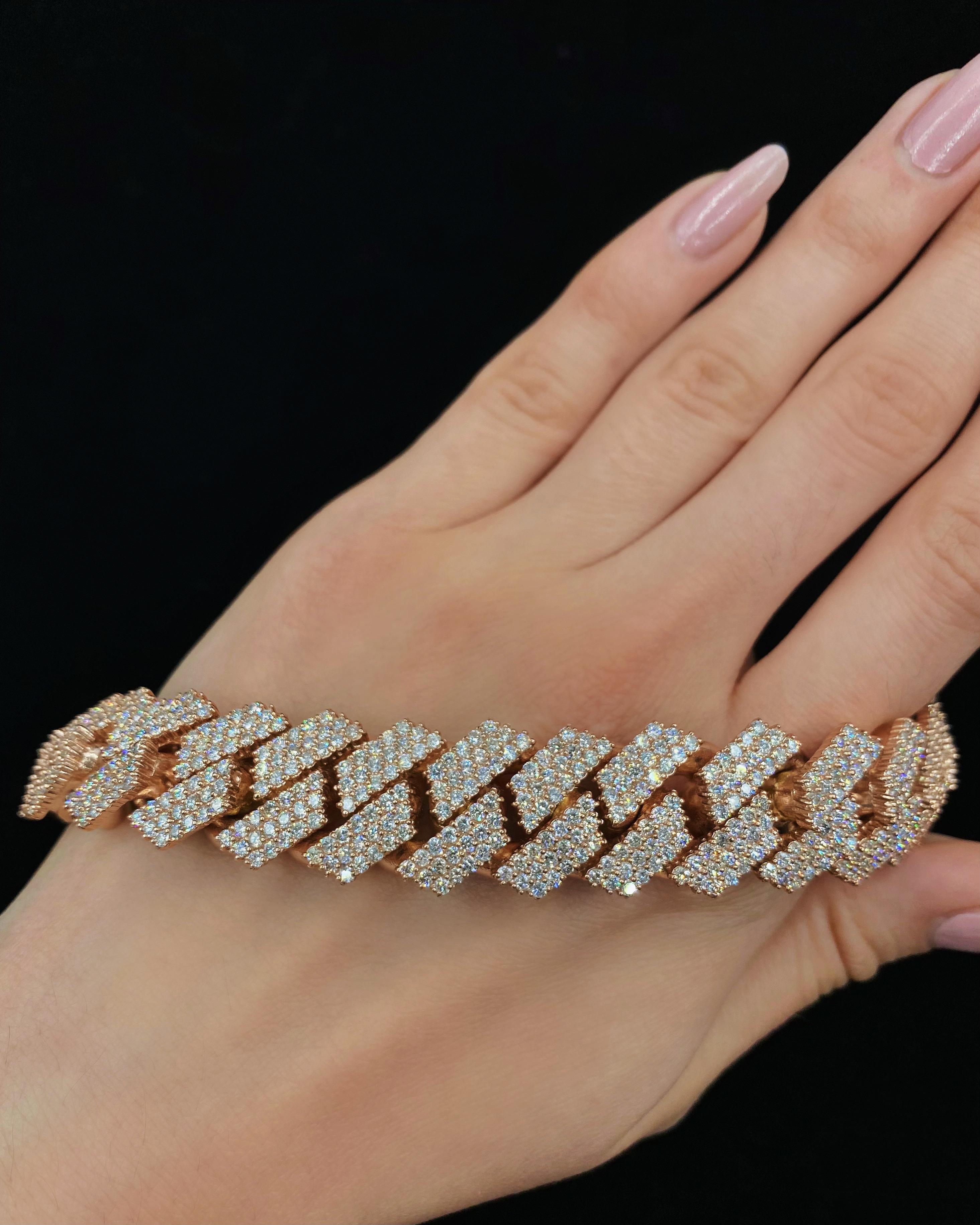 10k Roségold Mode Cuban Glieder-Diamant-Armband mit 19,80 Karat TDW im Zustand „Hervorragend“ im Angebot in New York, NY