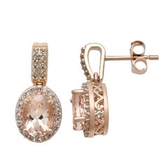 10 Karat Rose Gold Morganite Oval with White Diamonds Dangle Earrings, 1/5 Carat