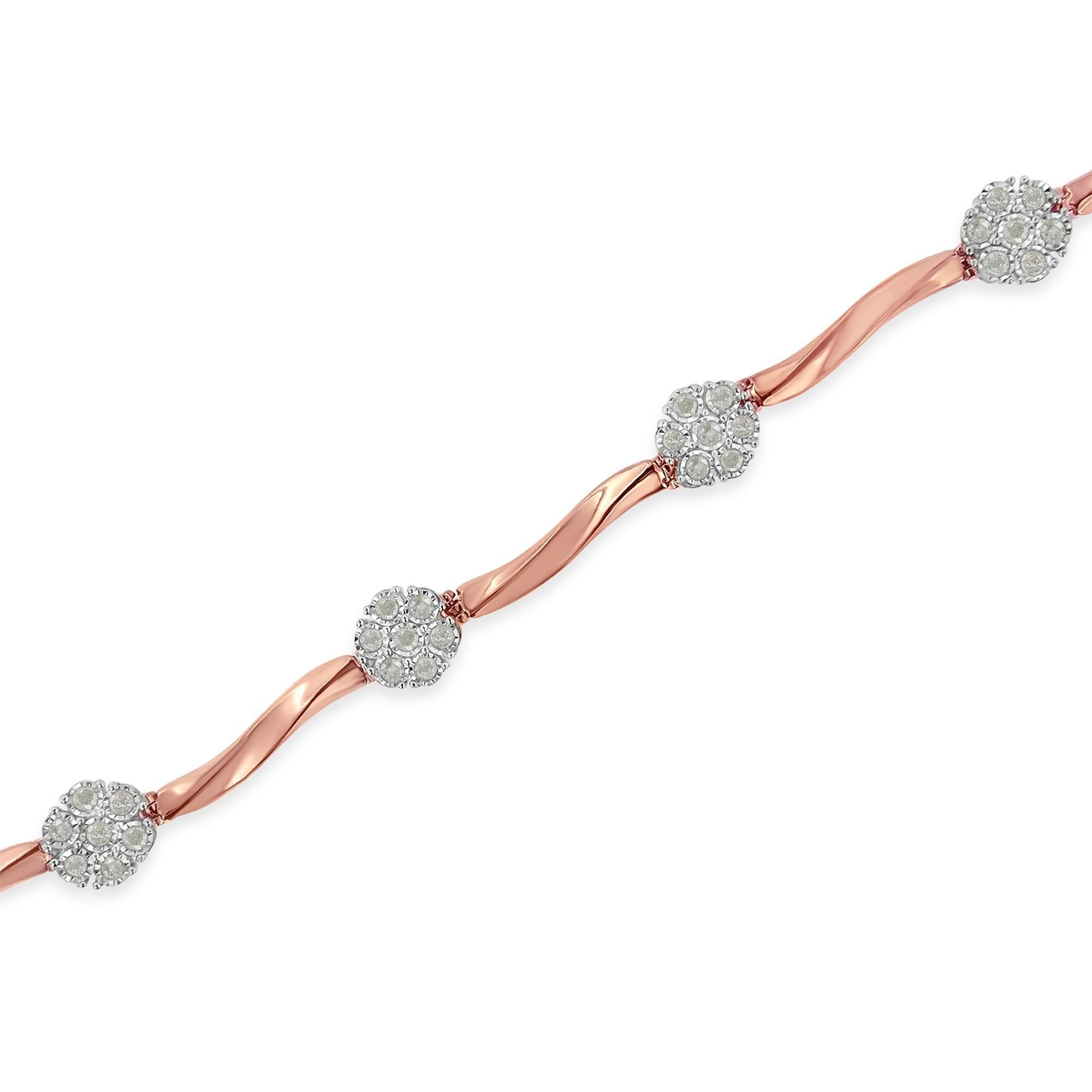 Moderno Bracciale con maglie floreali in oro rosa 10K e argento 925 con diamanti da 1,0 cttw in vendita
